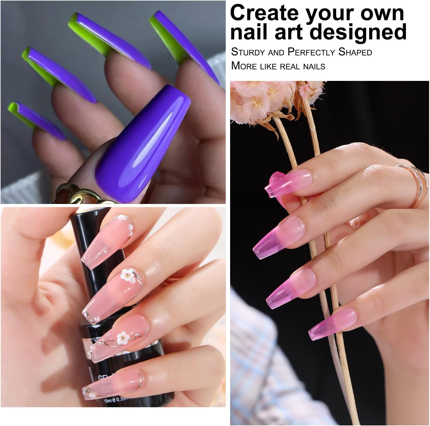 Beautilux Nail Tips, Pack of 552, Coffin Medium Tips for Gel Nails, Transparent, 12 Sizes, Pre-Buff PMMA Soft Full Cover Nail Tips for Home Manicure and Nail Salons