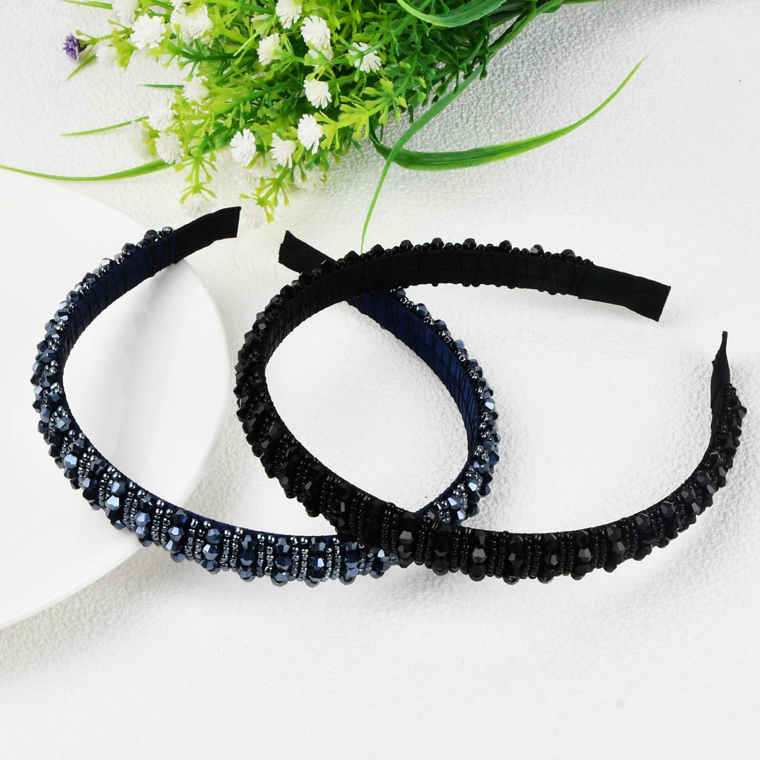 Amexo Pack of 2 Hair Bands for Women with Crystal Beads, Elegant Headband, Blue Headband for Bride, Bead, Chain, Hair Accessories, Headband for Women and Girls image number 1