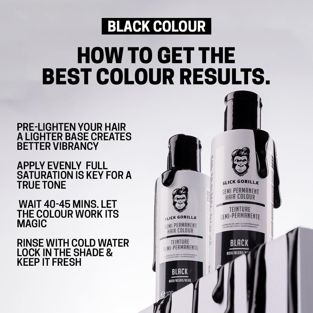 Slick Gorilla Semi Permanent Black Hair Dye for Men 3.38 Fl Oz | Vegan Hair Color | Cruelty Free Beard and Hair Dye | Conditioning and Nourishing Formula | Lasts 5 6 Washes | Temporary Hair Color