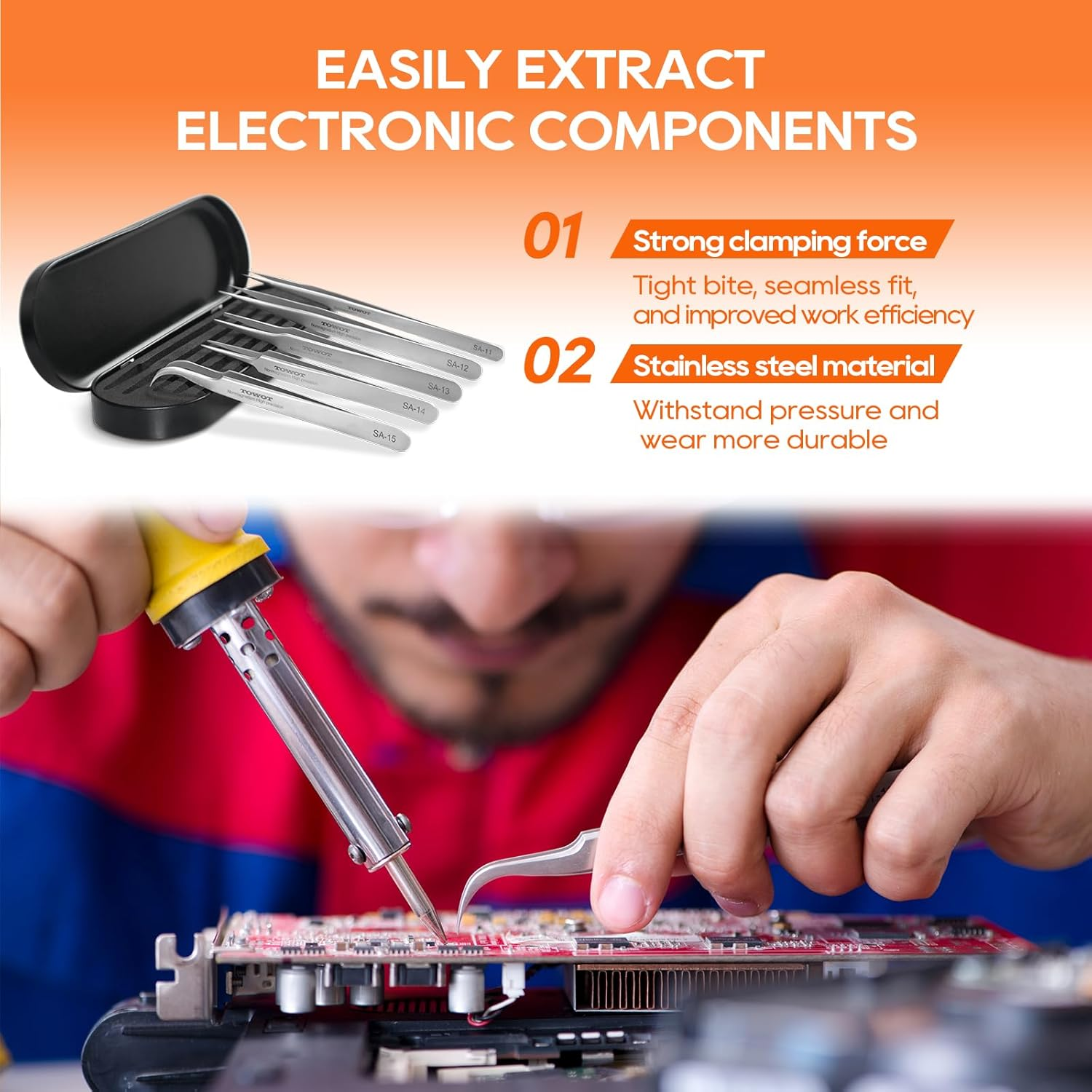 TOWOT Precision Tweezers, Stainless Steel Pointed Tweezers for Craft, Electronics, Soldering, Experimental Work, Jewelry-Making, Non-Magnetic Industrial Tweezers image number 3