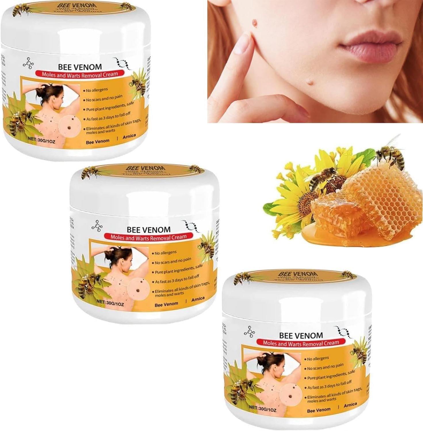 3PCS Bee Venom Treatment Cream,Bee Venom Repair Cream,Bee Venom Wart and Tag Remover,Bee Venom Mole and Wart Treatment Cream,Bee Venom Skin Mark Remover for All Skin Types image number 4