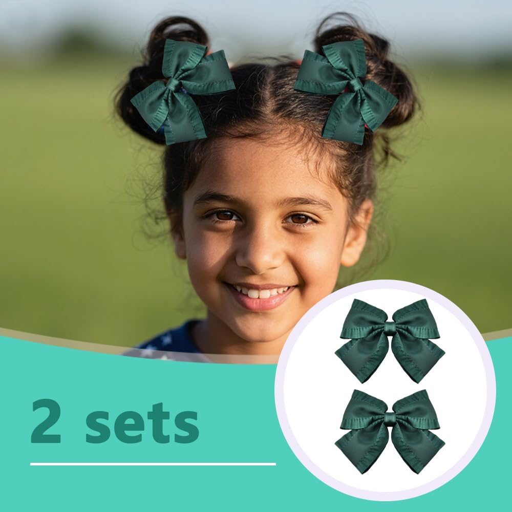 4 Inch Emerald Green Hair Bows with Ruffle Edge Cute Satin Bowknot Alligator Clips Hairpins Cute Ruffled Green School Cheer Bow Clips St Patricks Day Christmas Bows Hair Accessories for Girls 2 PCS - Pink image number 5