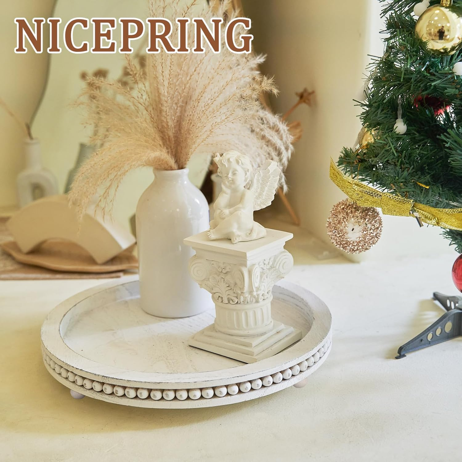 Tray Decor 12" Beaded round Decorative Trays - Rustic Farmhouse Home Decor for Coffee Table Centerpiece, Living Room, Kitchen, Bedroom - White Wood image number 2