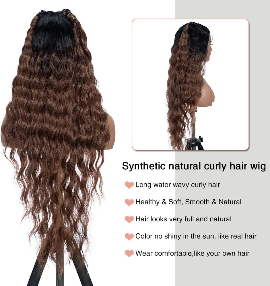 FASHION IDOL Lace Front Curly Wigs 31 Inches with Baby Hair Long Synthetic Natural Water Wavy Wig for Black Women Ombre Auburn with E Type HD Lace Wig image number 1