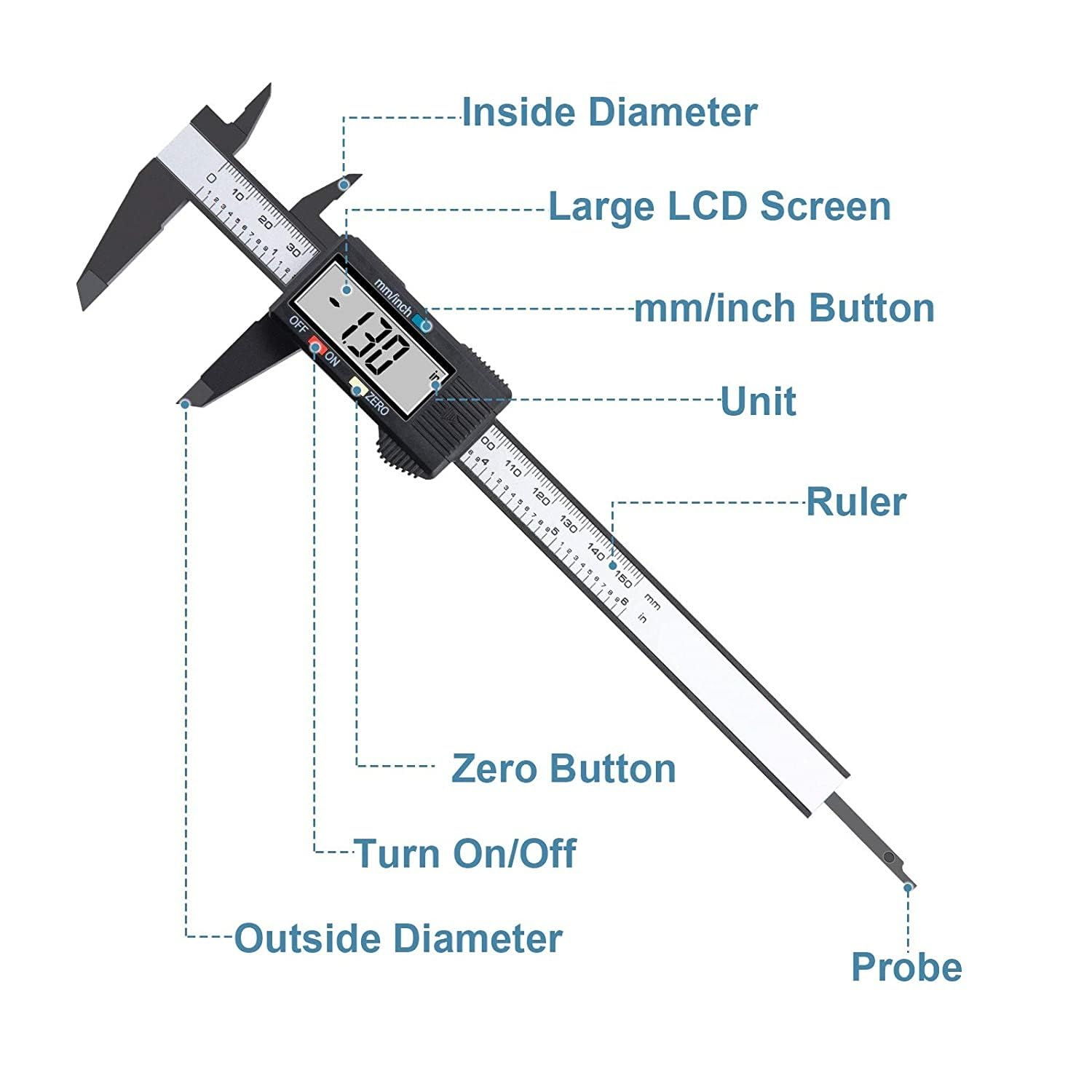 Digital Caliper Measuring Tools, W.Sealet 0-6 Inch Electronic Vernier Caliper with Large LCD Screen, Lightweight Plastic Reinforced with Carbon Fibres Caliper image number 5