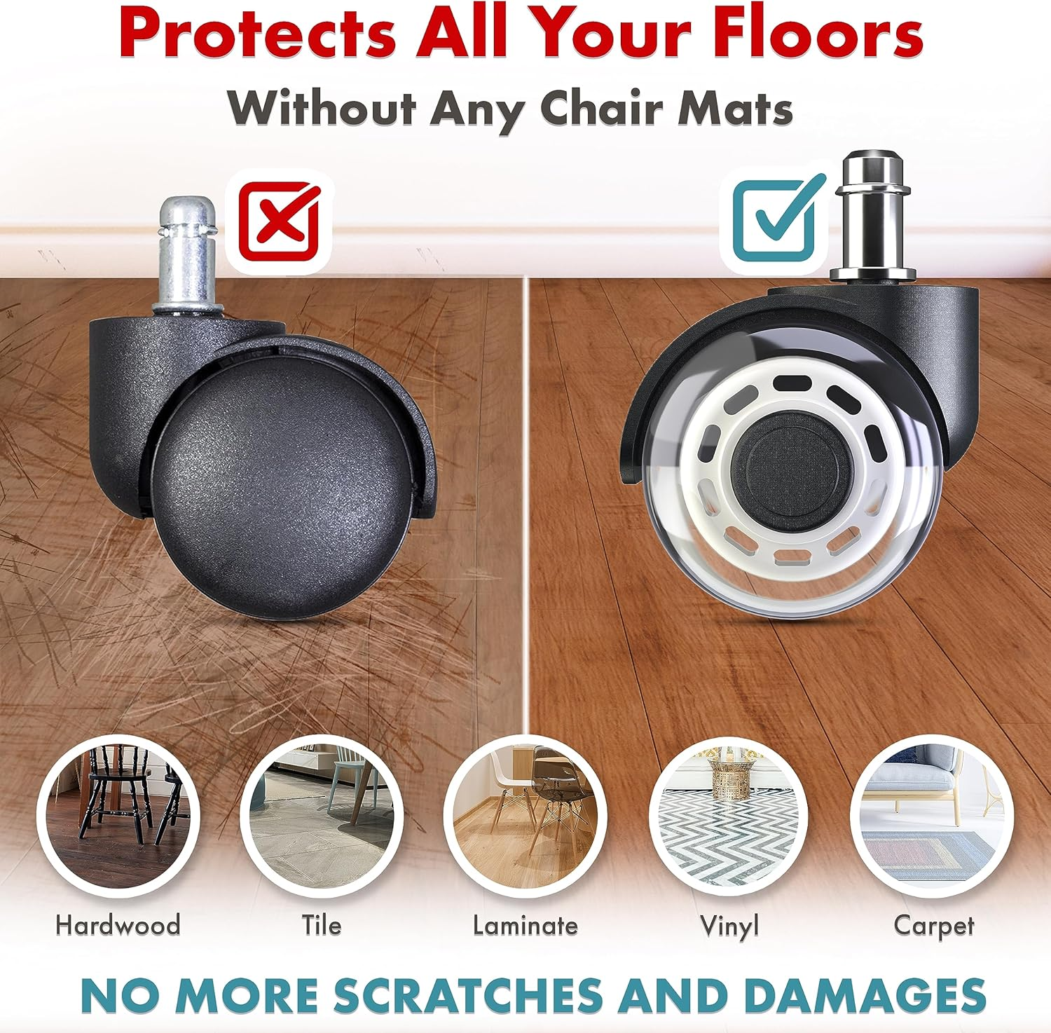 Professional Office Chair Caster Wheels Gift Set of 5 - Protect All Your Floors - 3'' Heavy Duty Replacement Rubber Chair Casters - Best Protection for Your Hardwood Floors