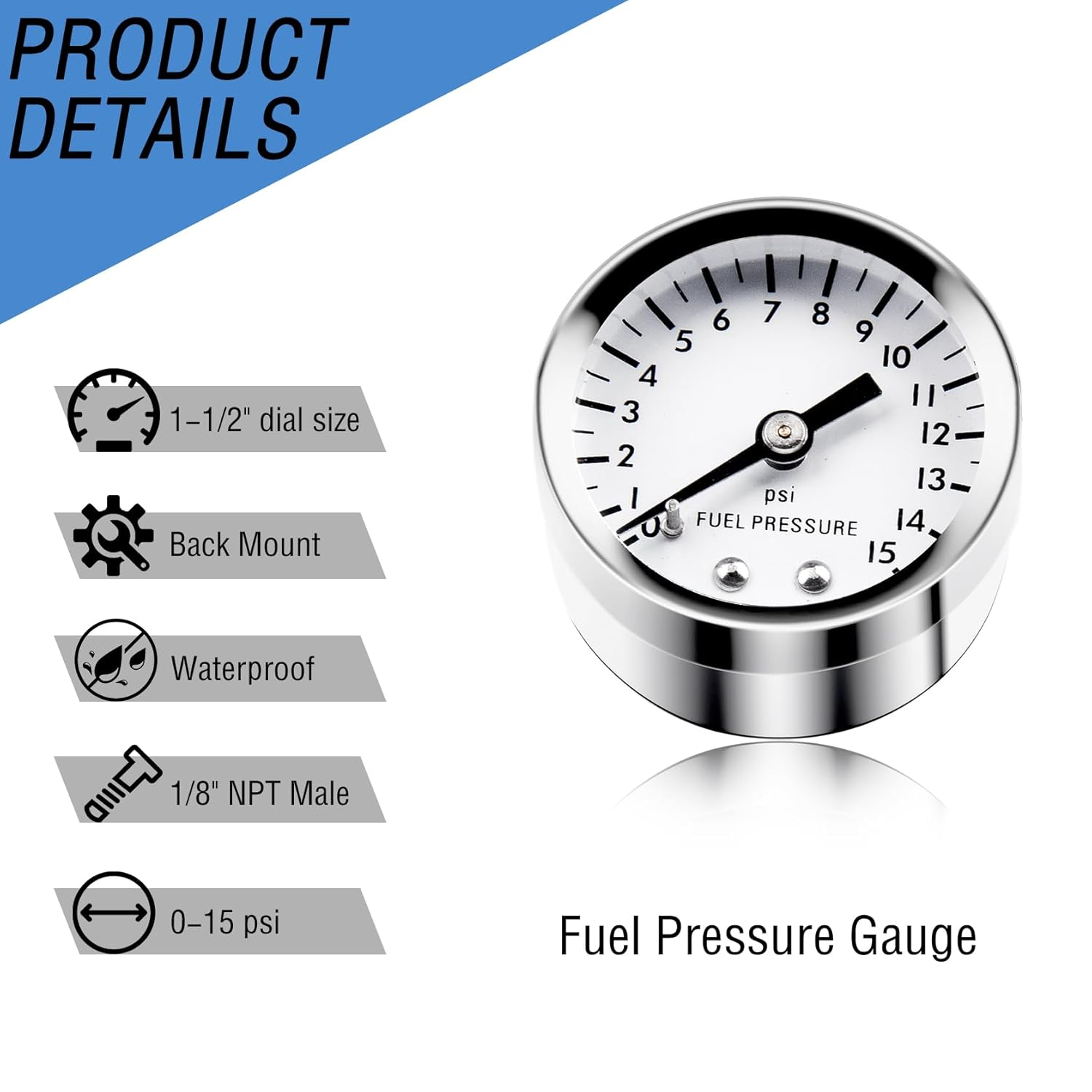 Fuel Pressure Gauge 0-15 Psi with Stainless Steel Case 1-1/2" White Dial 1/8" NPT Back Mount image number 5