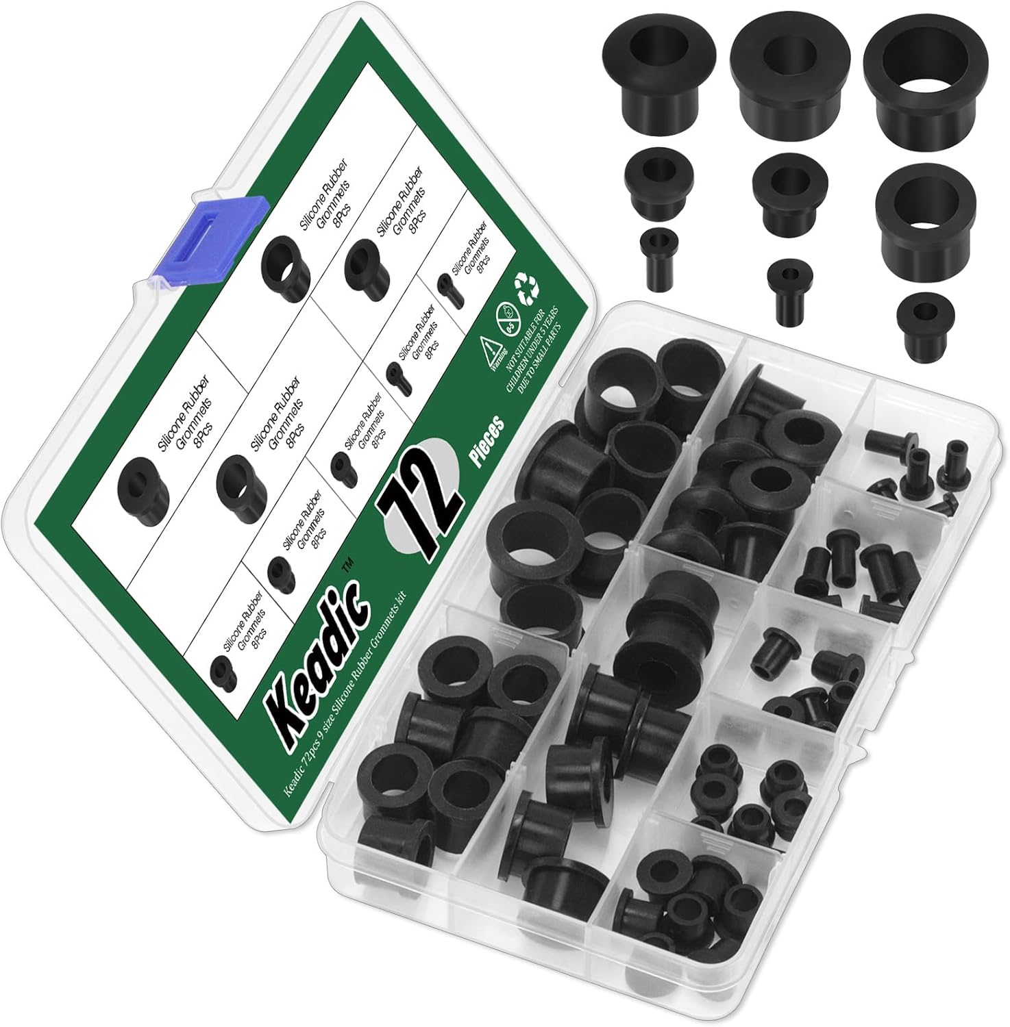 Keadic 72Pcs 9 Sizes Silicone Rubber T-Type Grommets Assortment Set, Hole Firewall Wire Cable Hole Plugs for Water Pipe, Tubing, Hydroponic, Irrigation, Desk