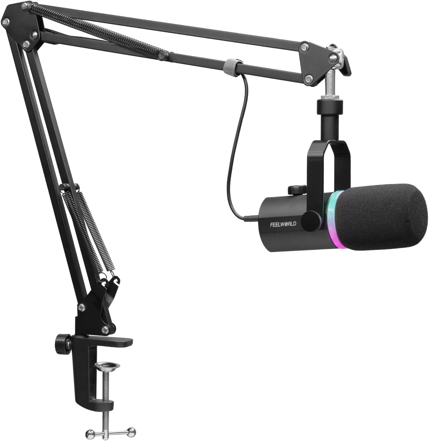 FEELWORLD PM1 XLR USB Dynamic Microphone with Boom Arm Stand for Podcast Recording PC Computer Gaming Live Streaming Vocal Voice-Over, Studio Metal Mic, RGB Light, Mute Button, Headphones Jack (White)