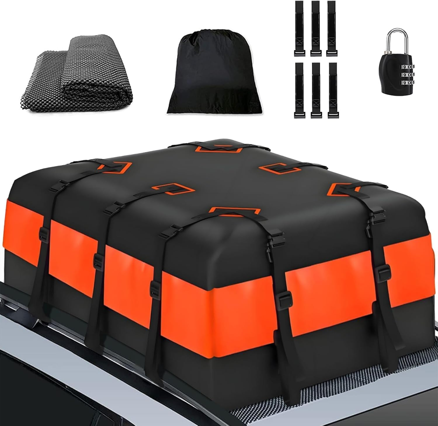 Rooftop Cargo Carrier, Jnilygo Waterproof Car Roof Bag for All Vehicles With/Without Rack, Roof Top Luggage Bag, Anti-Slip Mat, 10 Reinforced Straps, 6 Door Hooks, Luggage Lock Included image number 2
