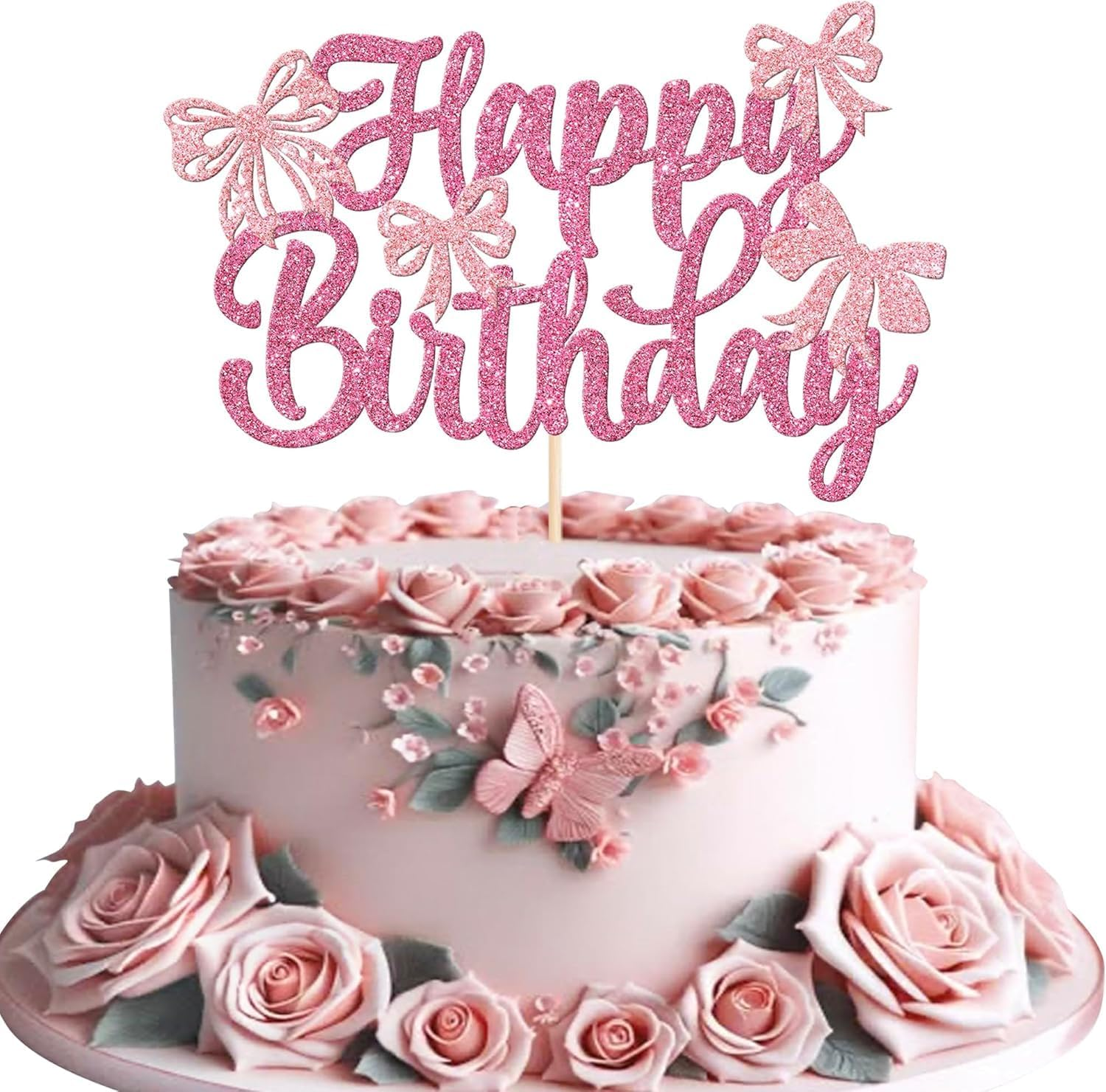 SYKYCTCY 1 Pack Bow Happy Birthday Cake Topper Glitter Coquette Cake Pick Decorations for Girls Women Birthday Theme Baby Shower Party Supplies (Pink)
