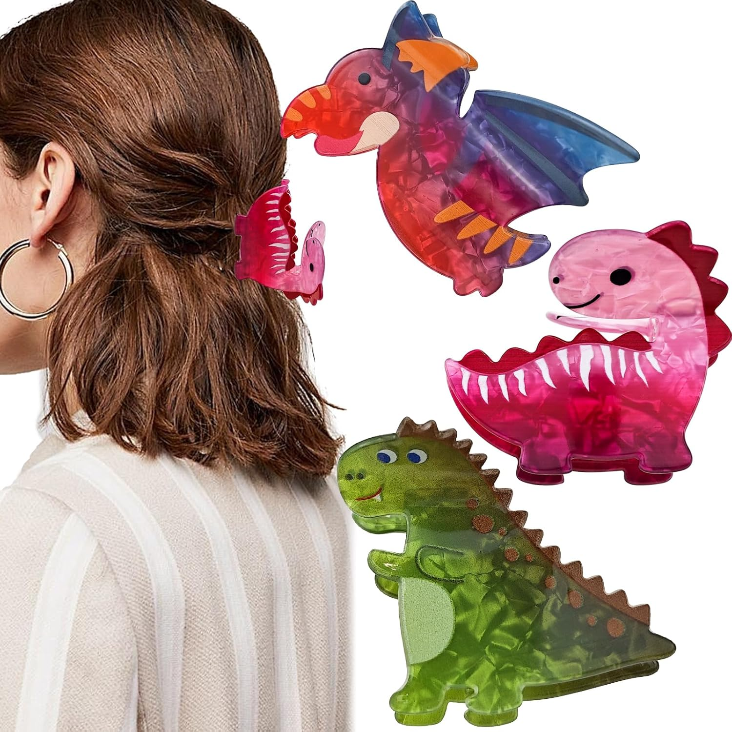 3 PACK Dinosaur Hair Clip, Acrylic Acetate Hair Clip, Y2K Accessories Cute Small Hair Clips for Thick Hair for Women Girls(Style 2)