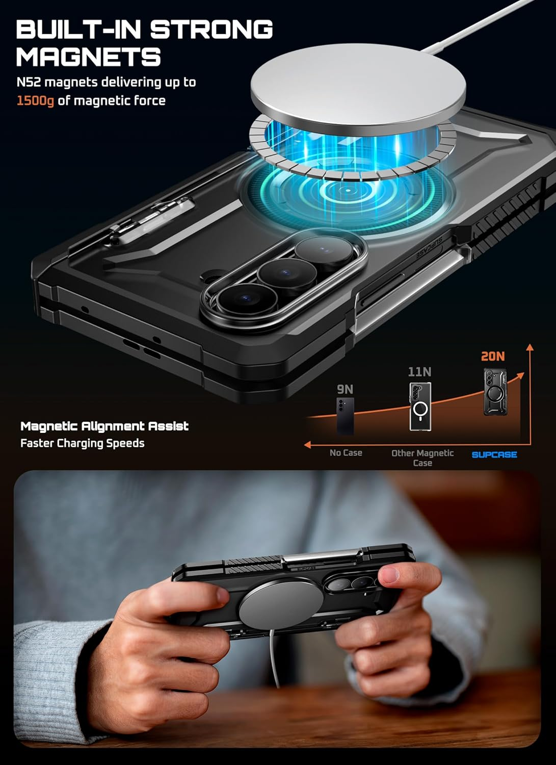 SUPCASE for Samsung Galaxy Z Fold 7 Case with Kickstand (UB Grip), [Compatible with Magsafe] [Built-In Tempered Glass Screen Protector] [Hinge Coverage] Military-Grade Protection Case, Black - Cobalt image number 7