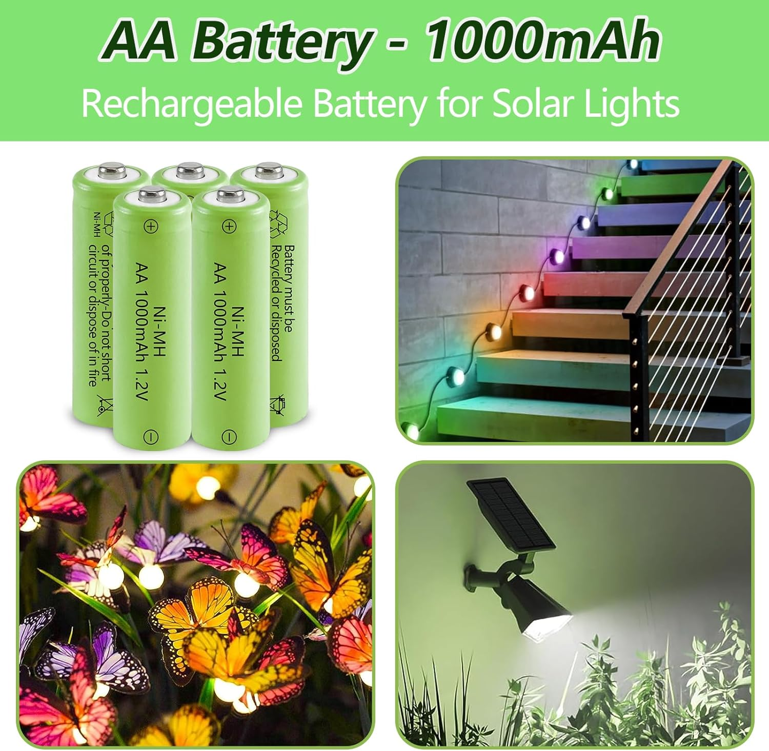 JINTION Rechargeable AA Batteries, Solar 1.2V Ni-Mh 1000Mah Double Battery High Capacity Low Self Discharge for Lights Lanterns Lamps, 8 Pack