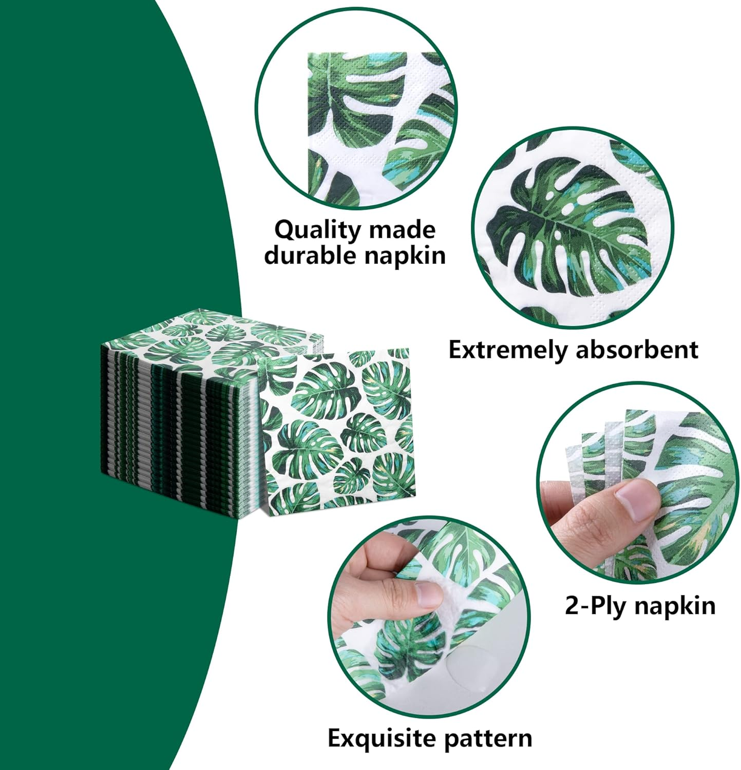 Wehhbtye 100PCS Tropical Plam Paper Napkins-Green Hawaiian Luau Leaf Beverage Dinner Napkin,Round Summer Palm Leaves Cocktail Luncheon Napkins for Party Birthday Holiday Supplies Decor