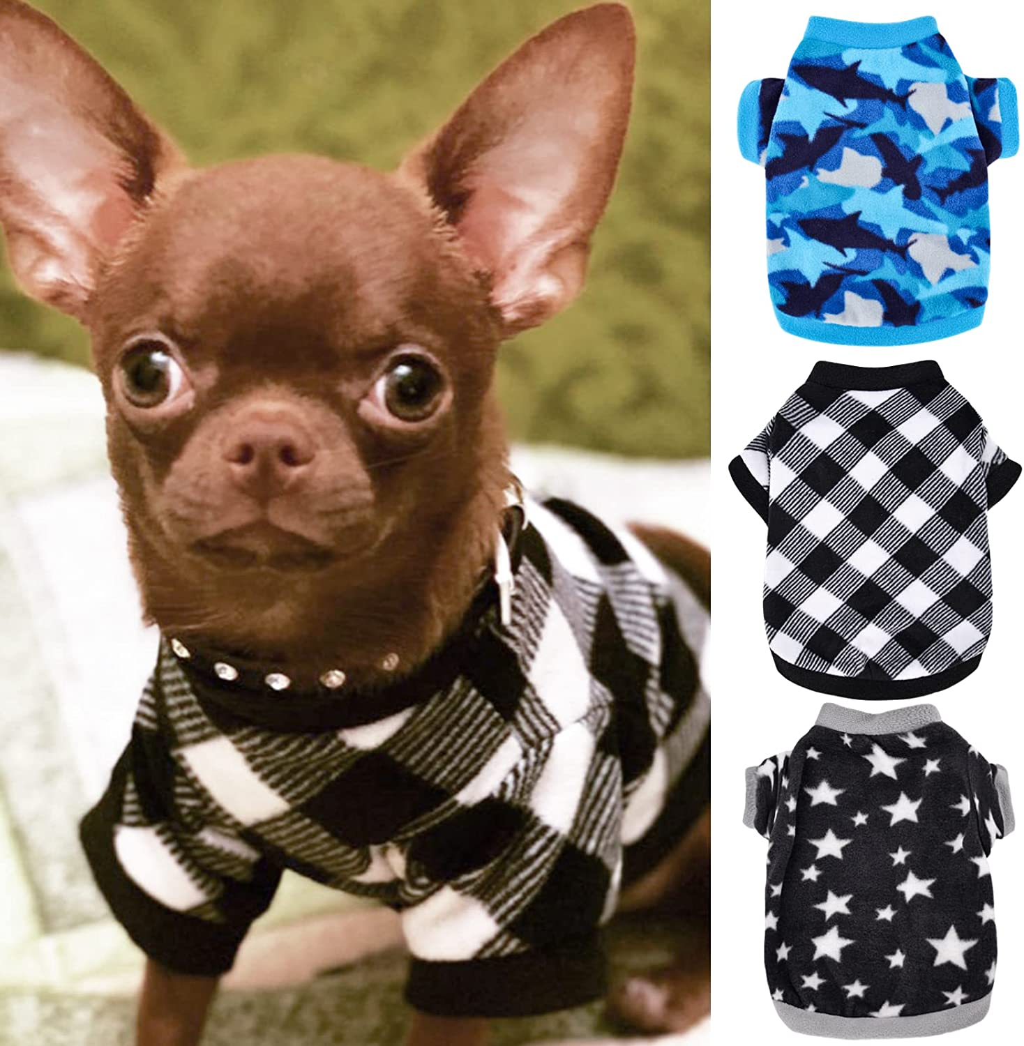 Fleece Dog Sweater for Small Dog Boy Chihuahua Yorkies, Fall Winter Warm Tiny Puppy Clothes, Cute Male Dog Sweaters Pet Shirt,Set of 3 (Star + Paild + Camouflage, X-Small) Yikeyo image number 2