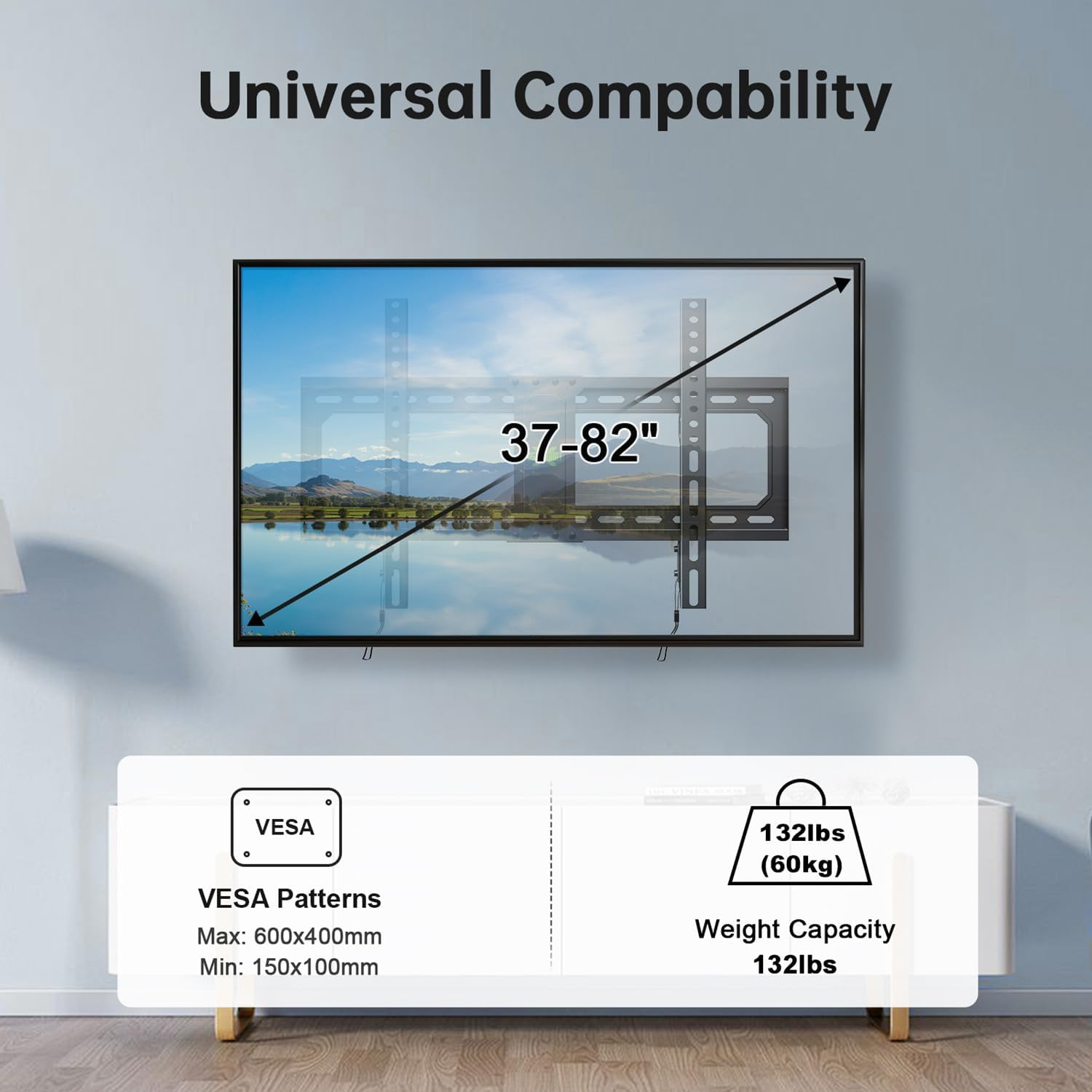 USX MOUNT Fixed TV Wall Mount for 37-82 Inch Tvs up to 132 Lbs, Low Profile TV Wall Bracket Fit Wood Studs 16", 18", 24", TV Mount with Max VESA 600X400Mm, Quick Locked and Release, XFL090 image number 6