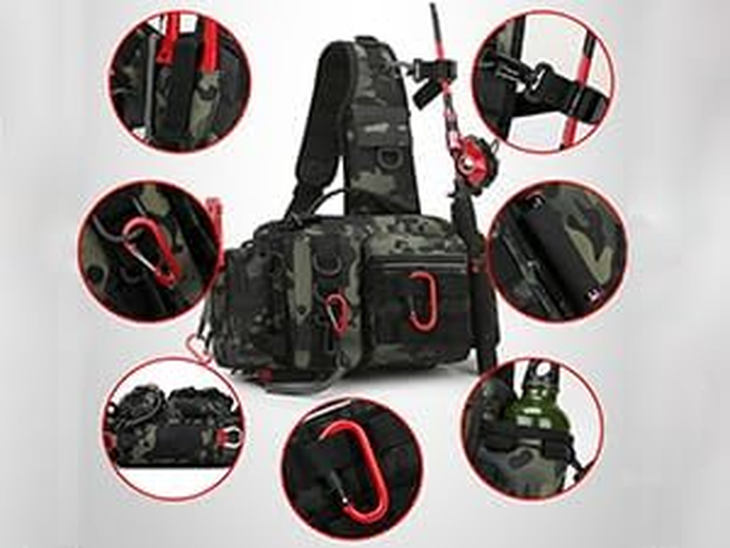 Fishing Tackle Storage Bag Fly Fishing Gear Pack Backpack for Men and Women Sling Bag Shoulder Cross Body Fishing Bag with Rod Holder Hiking Waterproof Nylon (Black) image number 2