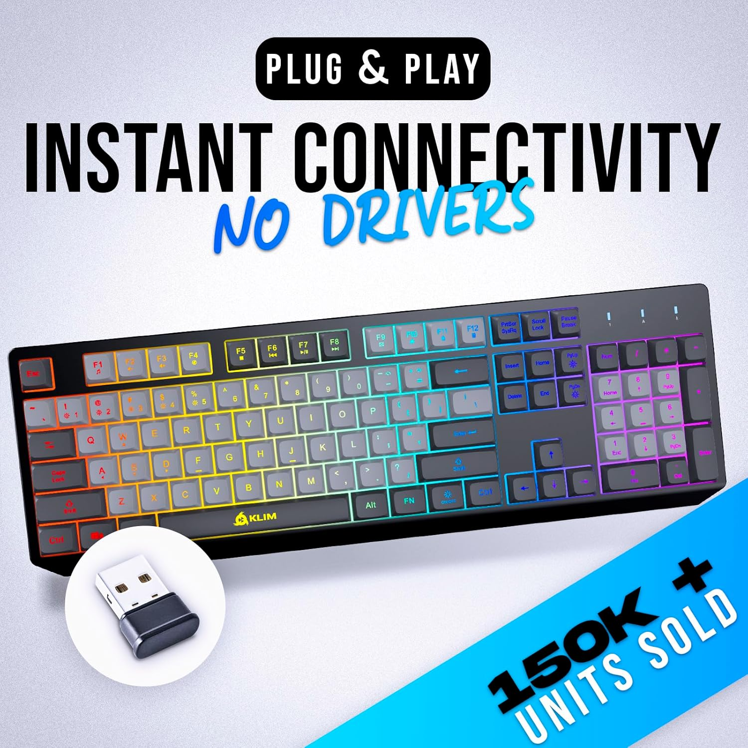 KLIM Chroma Wireless Gaming Keyboard RGB - Backlit Wireless Keyboard - Long-Lasting Rechargeable Battery - Quiet Water Resistant Ergonomic Keyboard - Teclado Gamer - PC PS5 PS4 Mac - Gray/Black image number 3