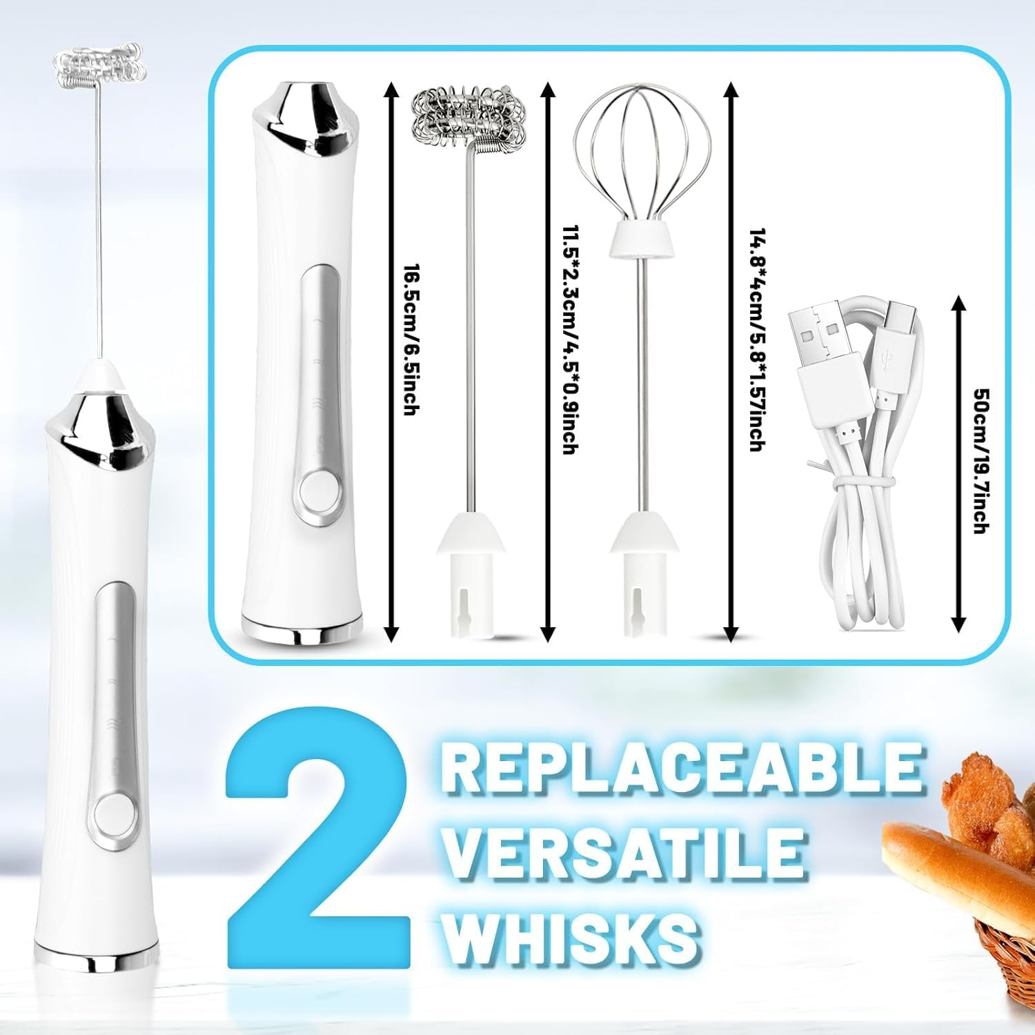 Rechargeable Milk Frother Handheld Foam Maker with 2 Stainless Whisk for Coffee, Cappuccino, Latte, Keto Diet, Protein Powder, Matcha, and Protein Shakes, Black (White) image number 2