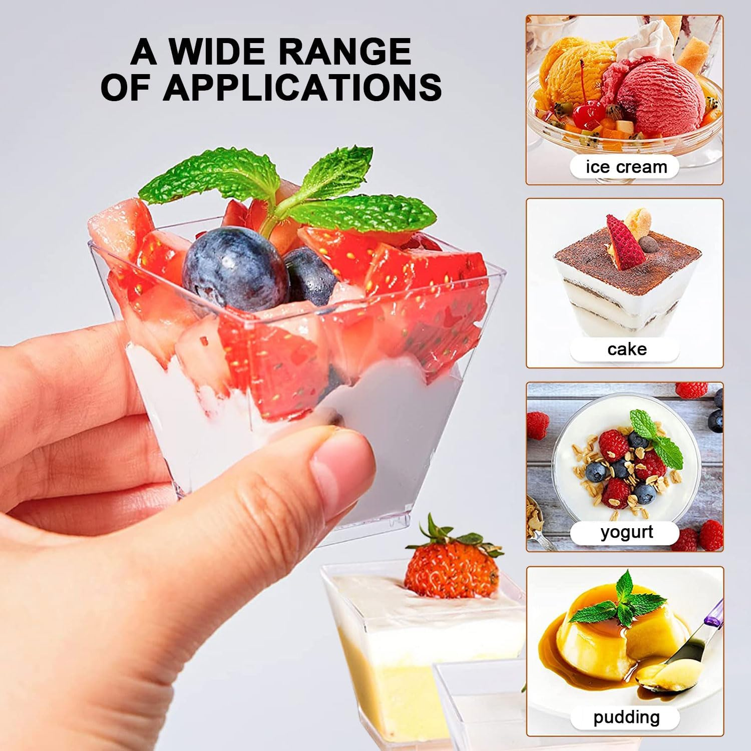 50 X 105Ml Dessert Cups with Spoons, Reusable Mini Clear Plastic Cups, Plastic Square Cup, Clear Dessert Shooter Cups BPA Free, for Appetizer, Puddings, Mousse, Yogurt and Ice Cream image number 2