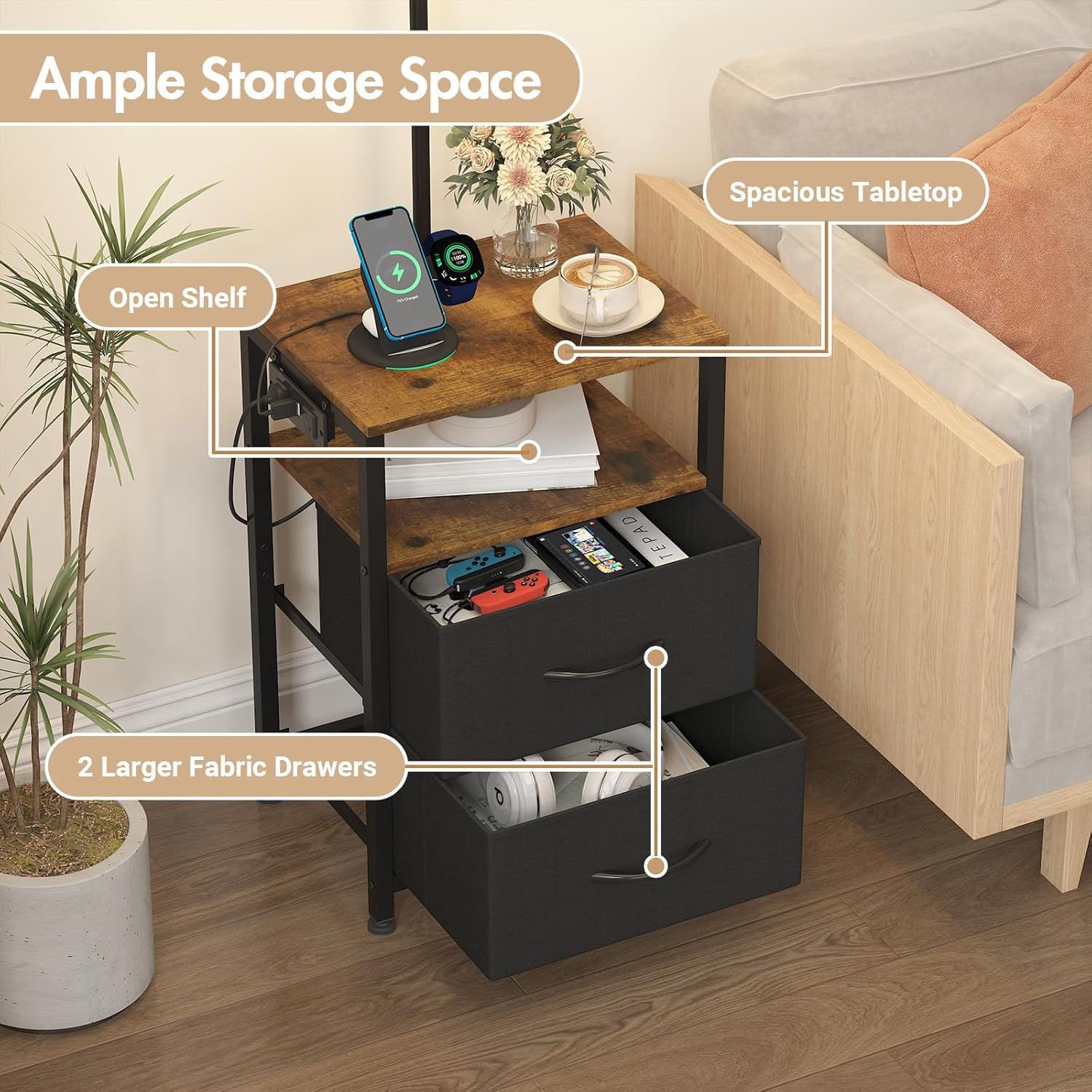 Advwin Floor Lamp with Table & 2 Drawers, End Table with 3 Color Temperature Reading Light, Side Table Lamp with USB & AC Charging Port for Living Room, Bedroom image number 1