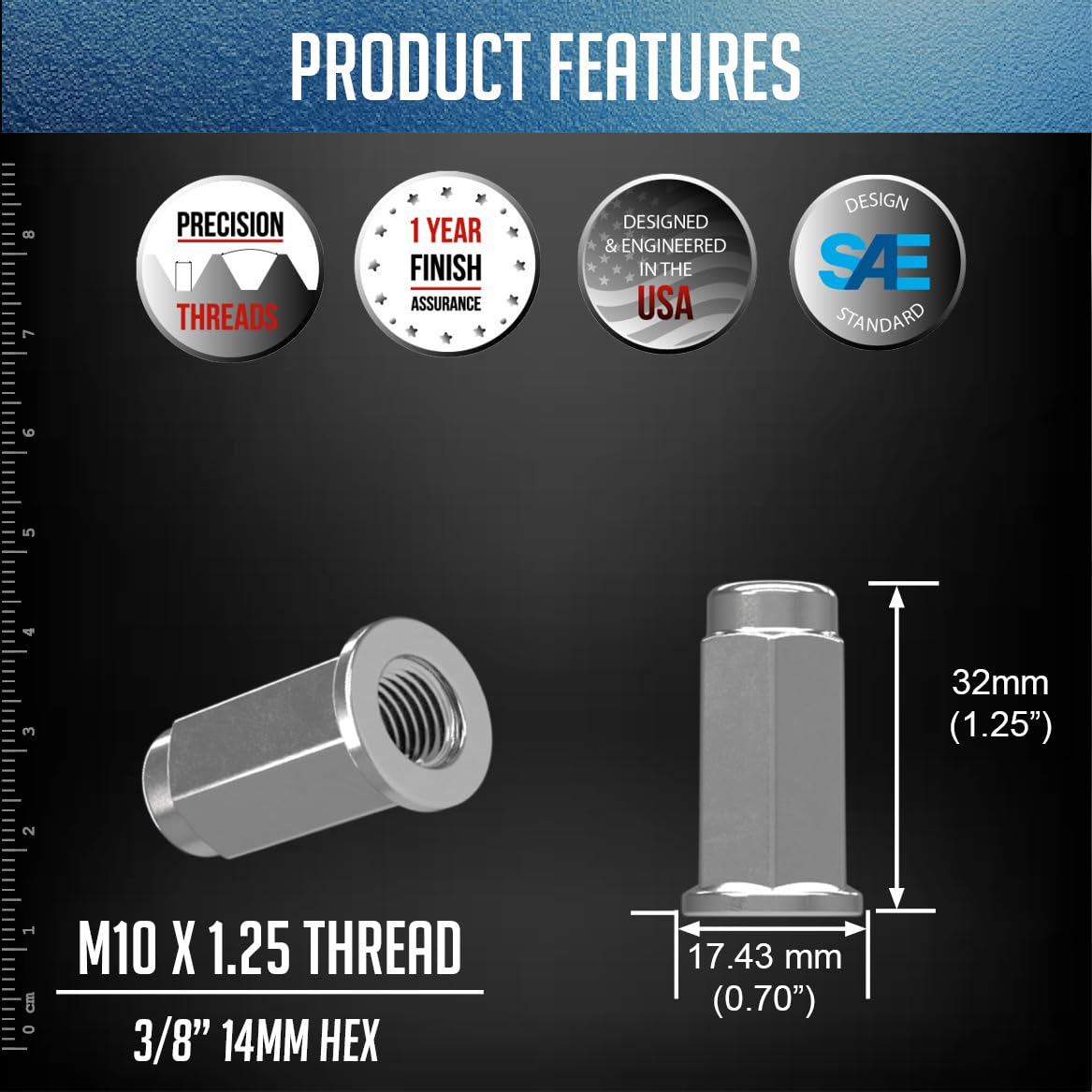 Wheel Accessories Parts 16 Pcs M10X1.25 Thread Flat Seat 28Mm 1.10" Long Lug Nuts Chrome 14Mm Hex Fits Yamaha Viking Wolverine image number 4