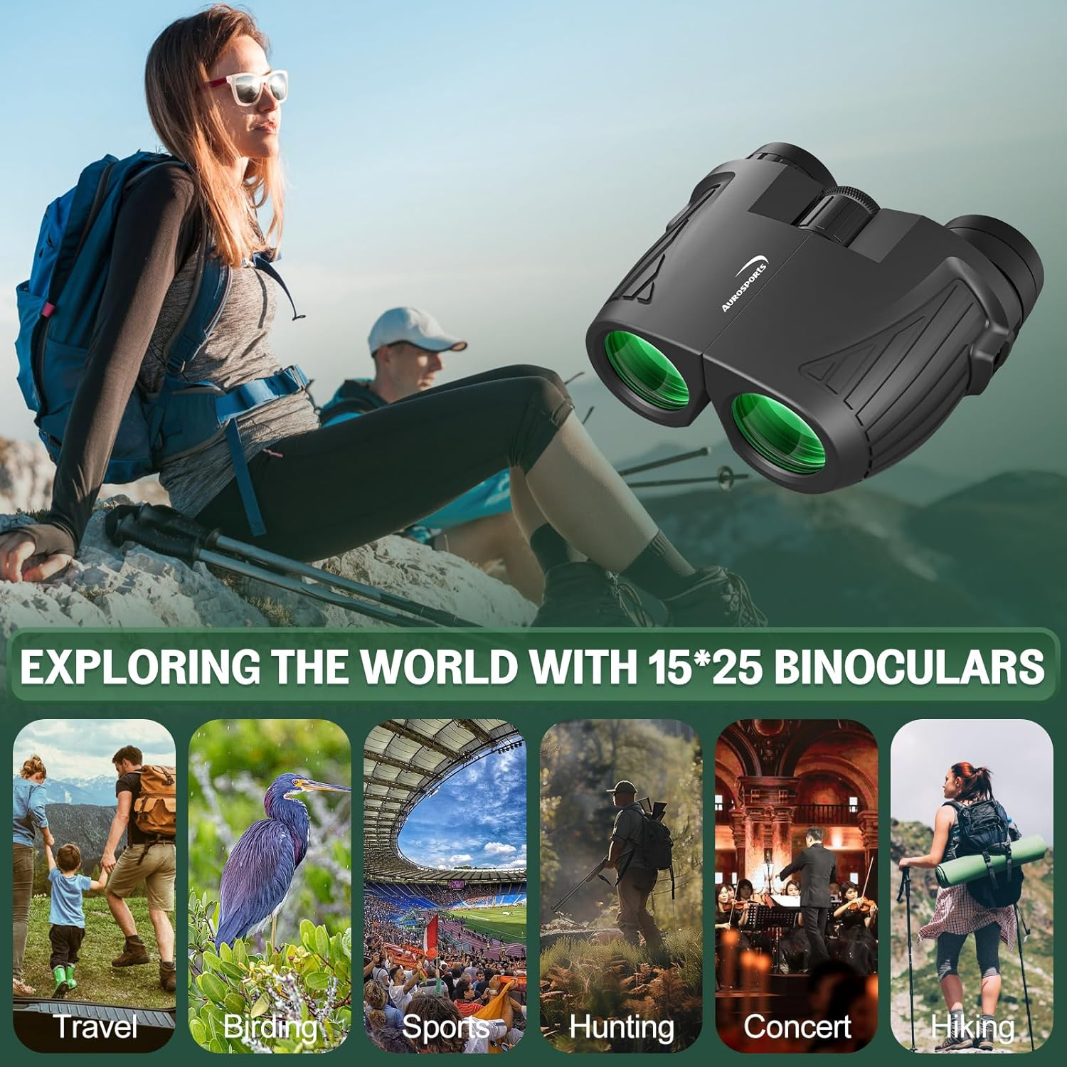 Aurosports 15X25 Compact Binoculars for Adult Kids - High Power Binoculars for Bird Watching - Easy Focus Small Binocular with Low Light Vision for Travel, Camping, Concert, Hiking