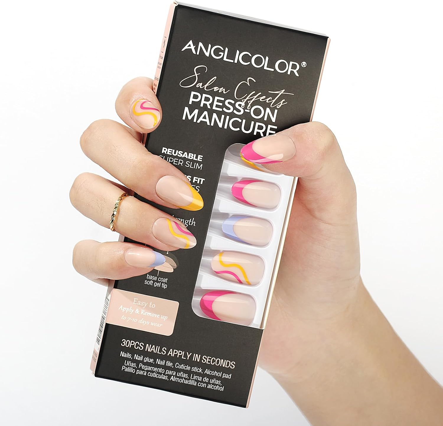 Anglicolor Press on Nails,Press on Nails Short,Short Almond Nails,30 Pcs Soft Gel Fake Nails in 15 Sizes, Reusable Fake Nails Kit with Nail Glue (A103, 30 Count)