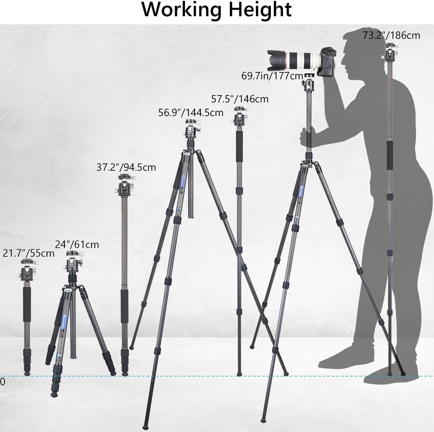 69.7" Carbon Fiber Camera Tripod with Low Profile Ball Head ARTCISE Professional Lightweight Compact Tripod with Two 1/4 Inch Quick Shoe Plate for DSLR Camera,Video Camcorder, Max Load 44Lbs/20Kg image number 2