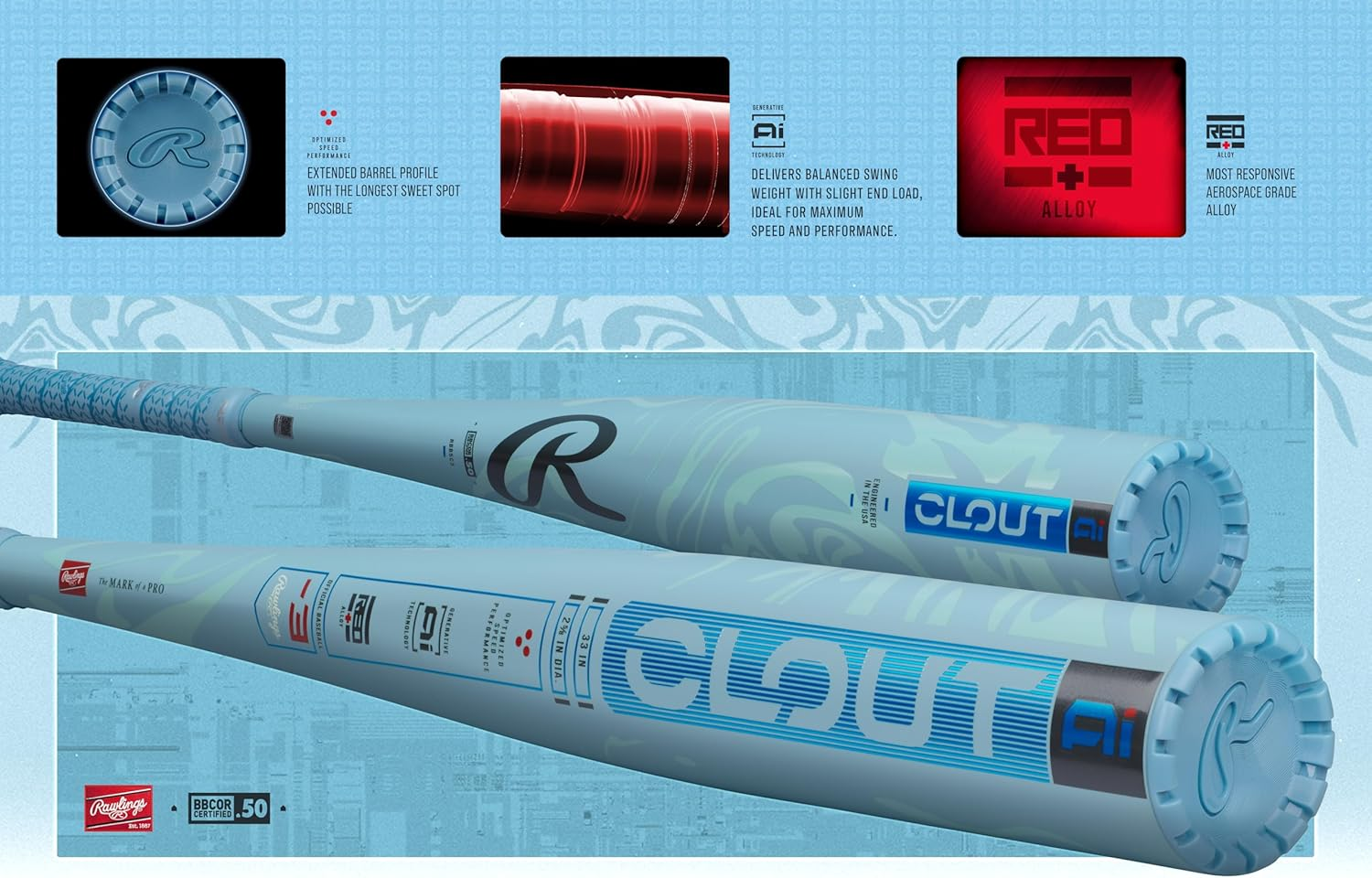 Rawlings | 2025 | Clout AI Baseball Bat | BBCOR | -3 Drop | 2 5/8" Barrel | 1 Pc. Alloy image number 1