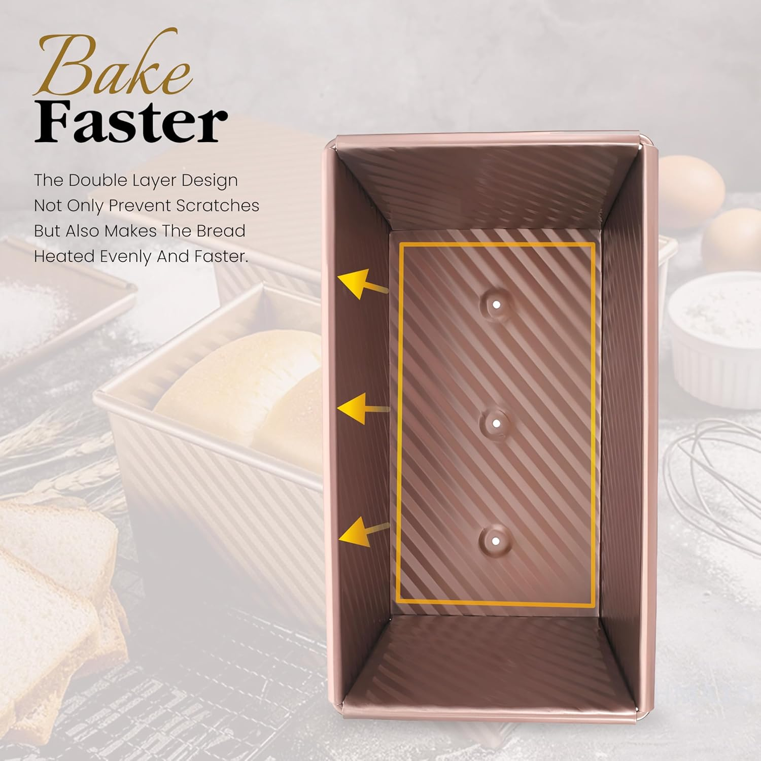 FIDZ PAN Pullman Loaf Pan with Lid, 1 Lb Dough Capacity Non-Stick Bread Pan for Baking Bread, Carbon Steel Corrugated Bread Toast Box Mold with Cover for Baking Bread, Gold image number 6