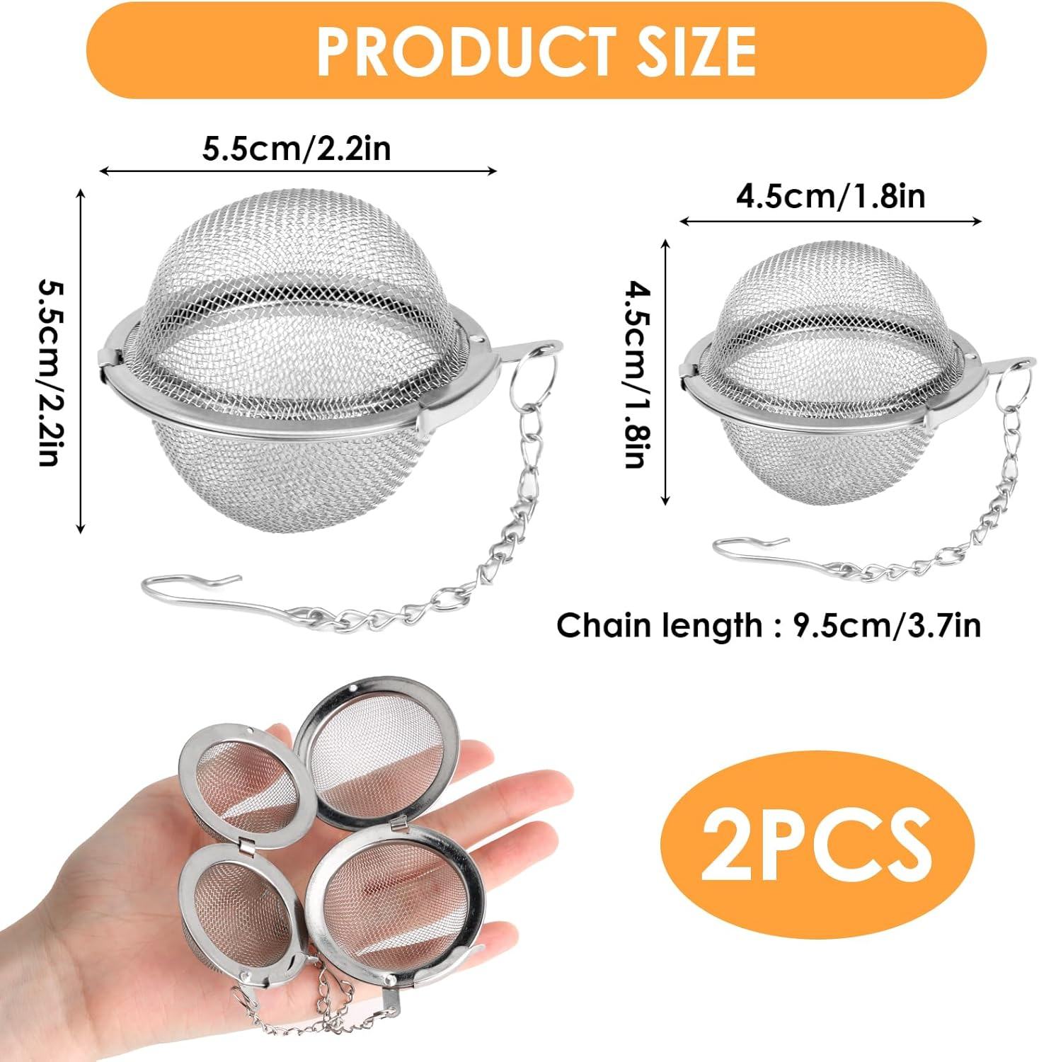 2 Pcs Stainless Steel Mesh Tea Balls, 4.5Cm & 5.5Cm Fine Mesh Tea Ball Infusers for Loose Leaf Tea, Herbs & Spices - Reusable, Durable & Dishwasher Safe (Silver) image number 4