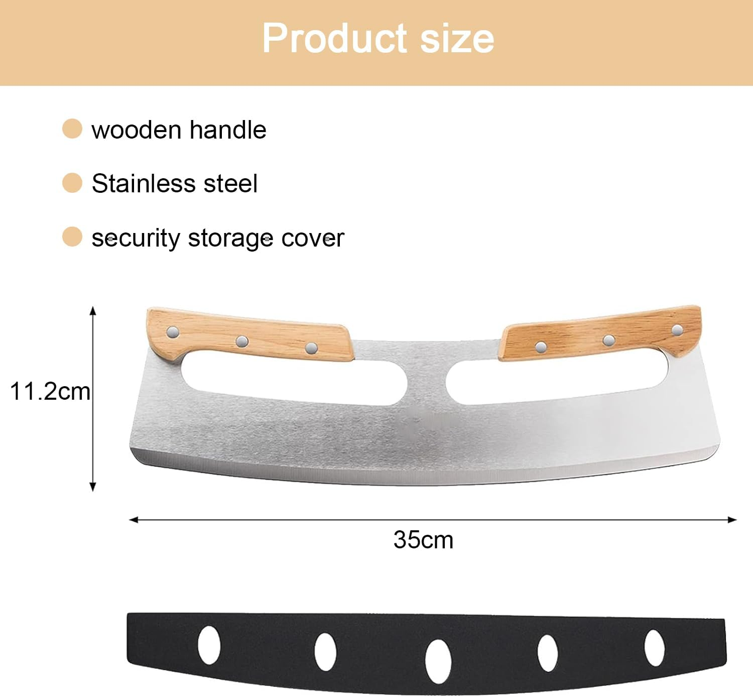 Pizza Cutter, Sharp Rocker Blade with Cover, Large Blade Solid Wood Double Grip Pizza Slicer, Long Stainless Steel Half round Bread Swing Knife, Big Pizza Knife Cutters for Kitchen Tool
