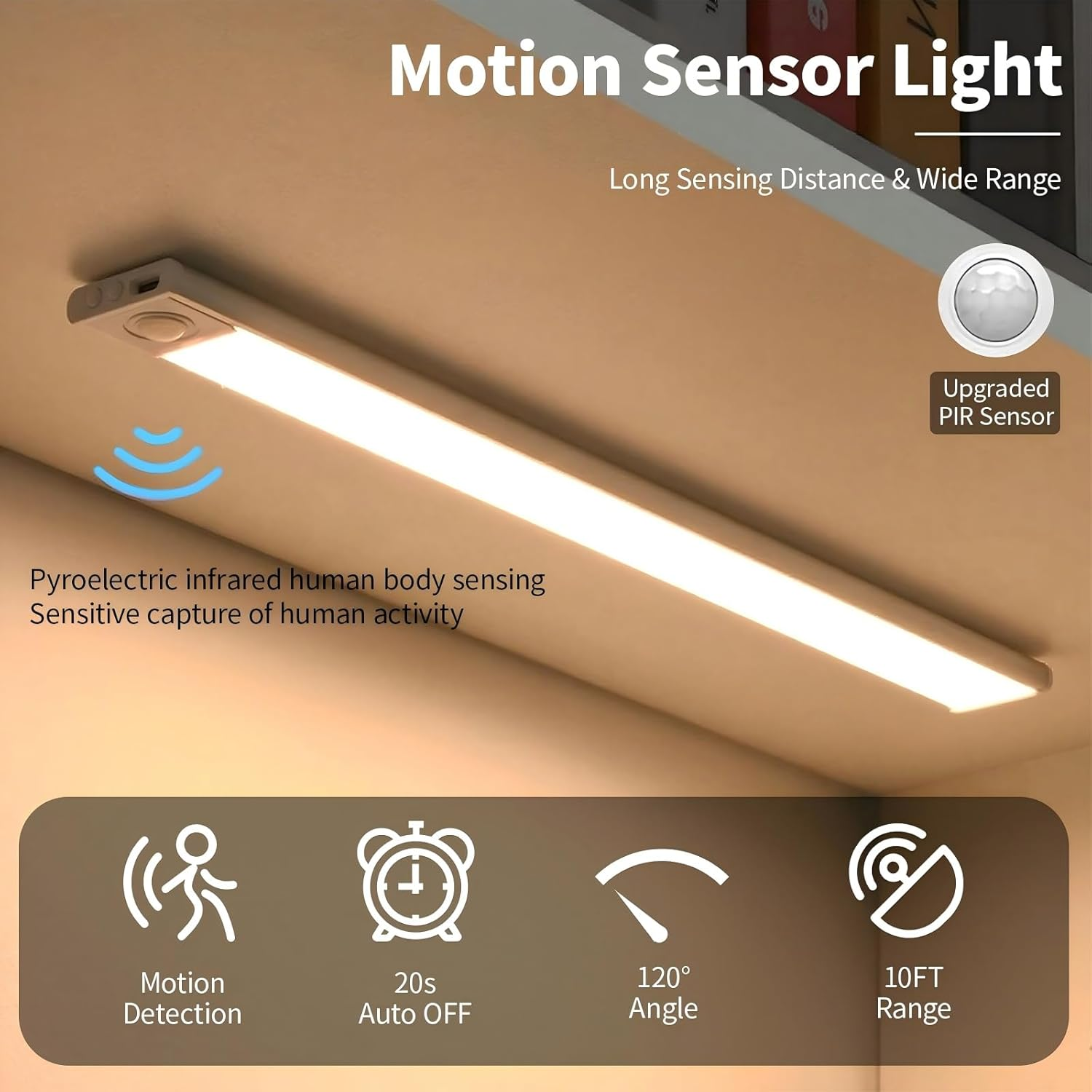 Under Cabinet Lighting, 4Pack Motion Sensor Light Indoor with 3 Color Temps, Wireless USB Rechargeable Led Light Bars, Sensor Night Lights for Cabinet, Kitchens, Bedrooms, Hallways (20CM White) image number 2