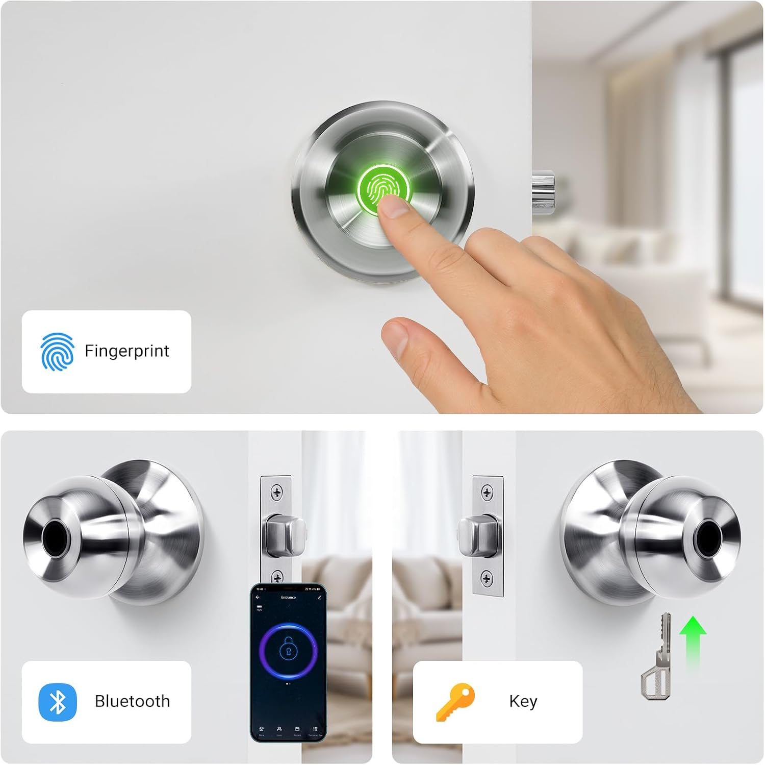 LIWEGHT Smart 3In1 Fingerprint Door Lock Keyless Entry with Biometric Handle, Auto-Lock, Bluetooth & App Control for Front Door, Bedroom, Office (Silver) image number 3