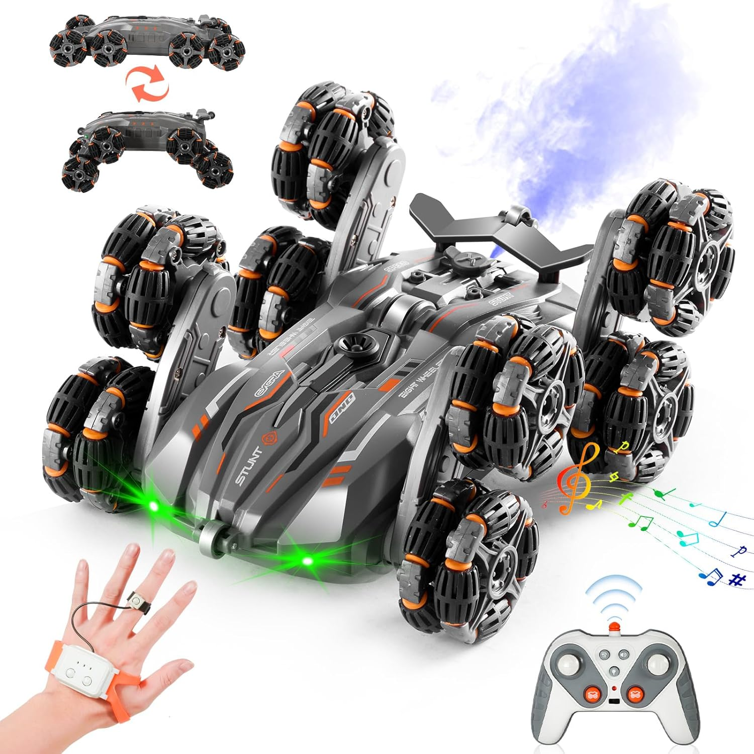 8WD Remote Gesture Sensing Stunt Control Car with Light Spray Effect, Music & Automatic Demonstration 8 Wheel 360&deg;Flip Double Sided Rotate Stunt Car, 2.4Ghz RC Car Toy for Age 3-6 7-13 Kids Gifts