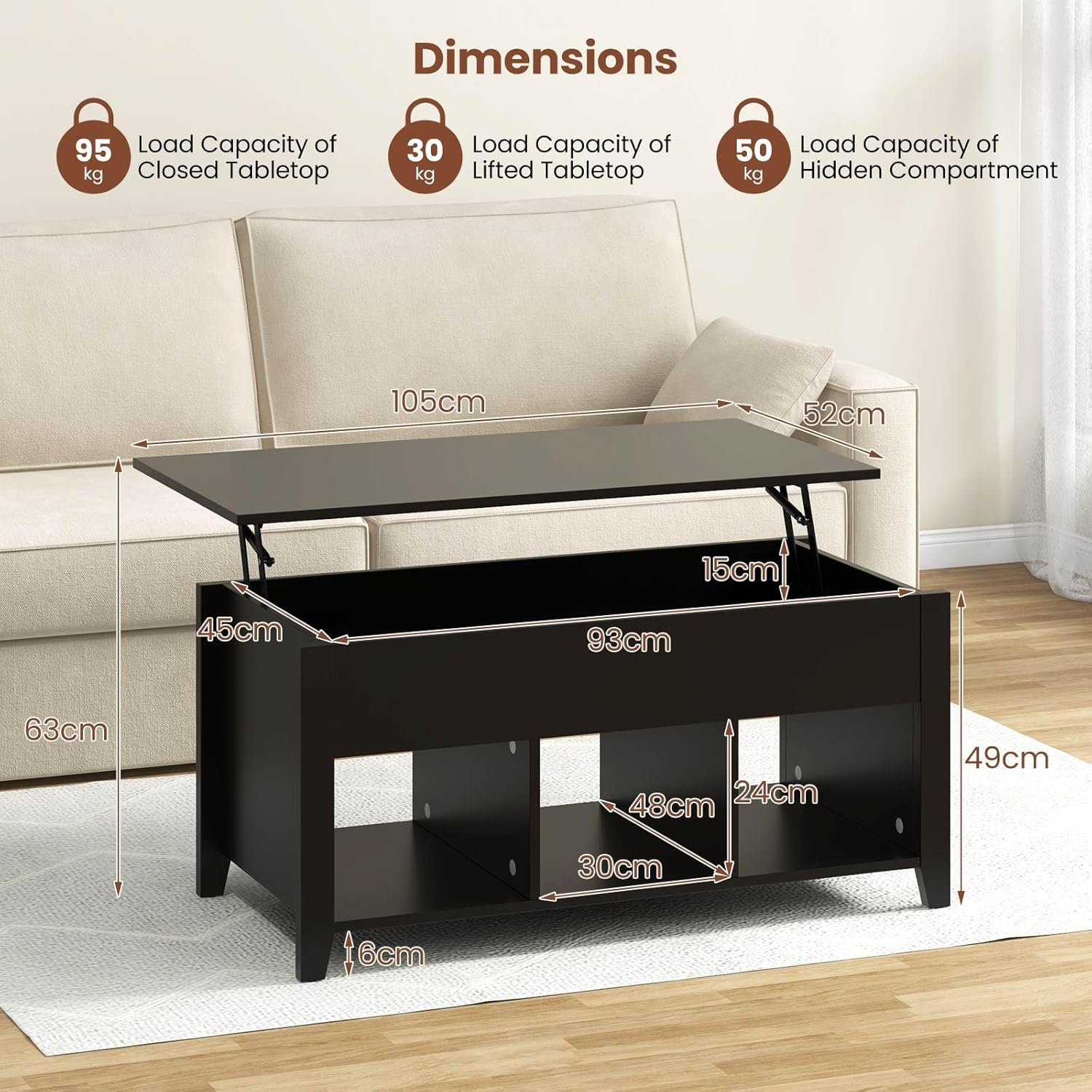 Giantex Lift up Coffee Table, Rising Center Table with Lift Top, Hidden Compartment & 3 Cubes, Modern Dining Accent Table Furniture for Living Room & Reception Room, Black image number 2