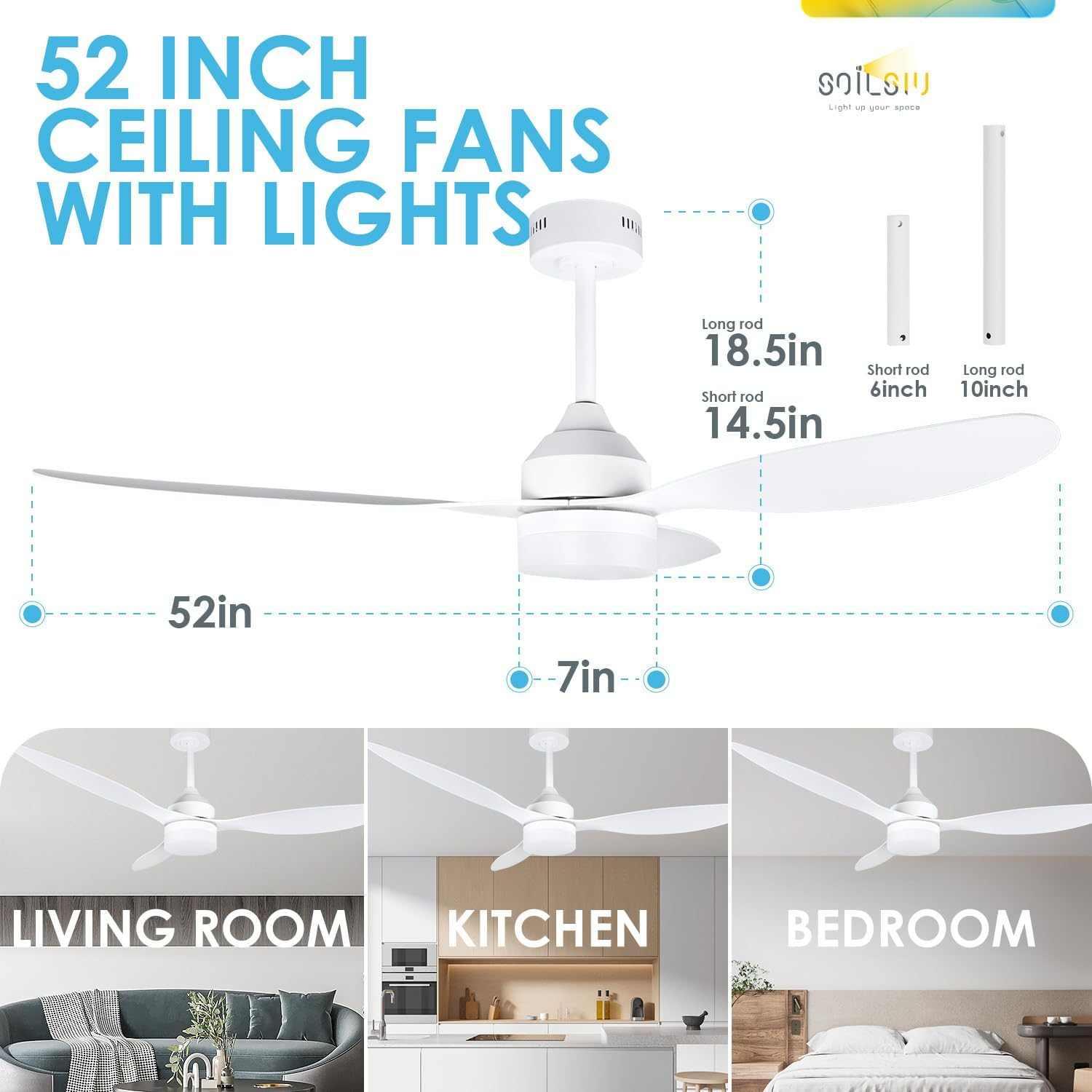 Soilsiu Ceiling Fans with Lights, 52 Inch Low Profile Ceiling Fan with Light and Remote, Flush Mount Ceiling Fan for Bedroom, Flush Mount, Reversible, 3CCT, Dimmable, Noiseless (White) - Black image number 2