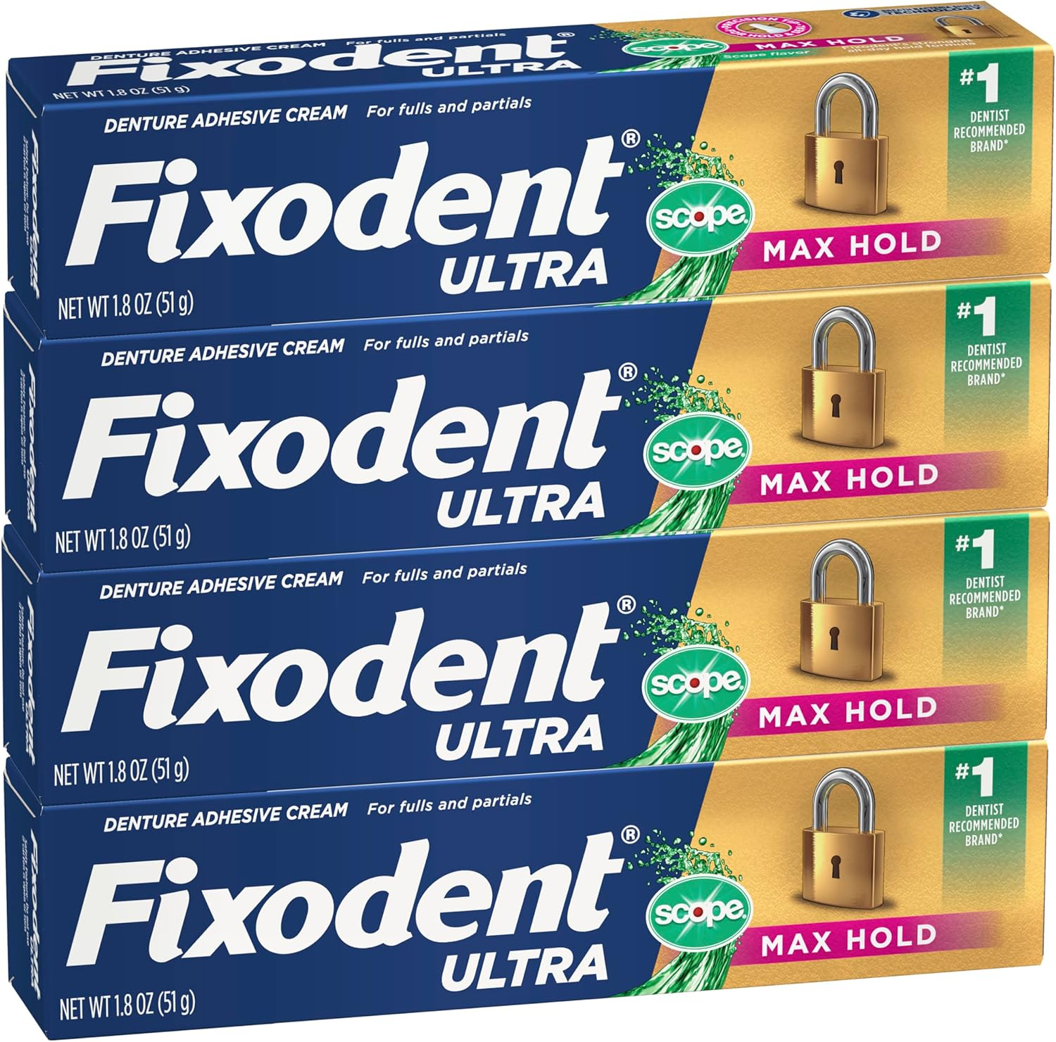 Ultra Max Hold plus Scope Secure Denture Adhesive for Full and Partial Denture Wearers, 1.8Oz 4 Pack