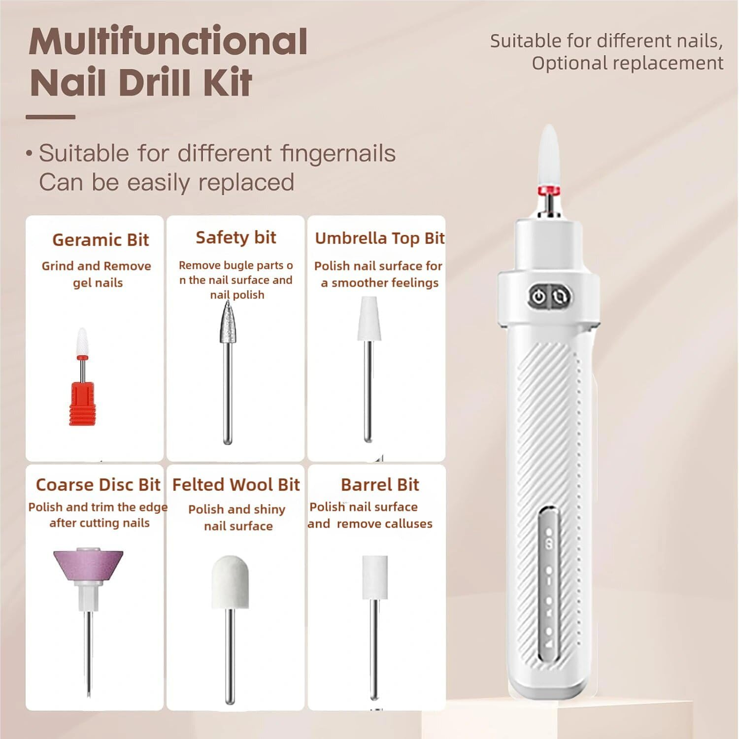 ECOMUSE Electric Nail File , Professional Kit, Nail Drill Machine with LCD Display, Manicure Pedicure Polishing Acrylic Gel Nail Grinder for Salon, Cordless Nail Drill for Home Use. image number 5