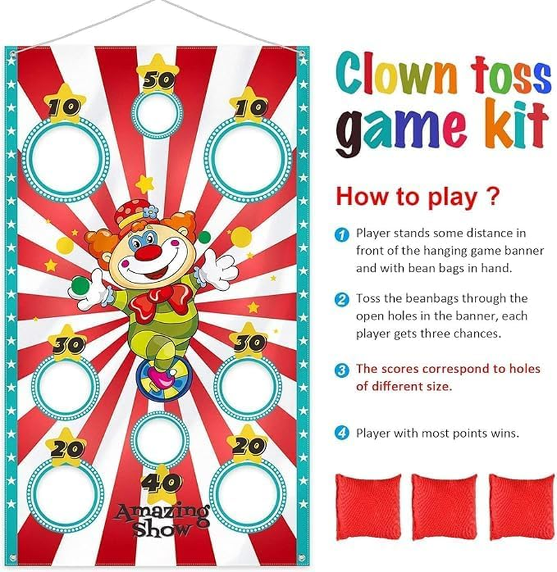 Carnival Clown Toss Game Banner with 3 Bean Bags for Kids and Adults in Carnival Party Activities Carnival Party Decoration Supply Set image number 1