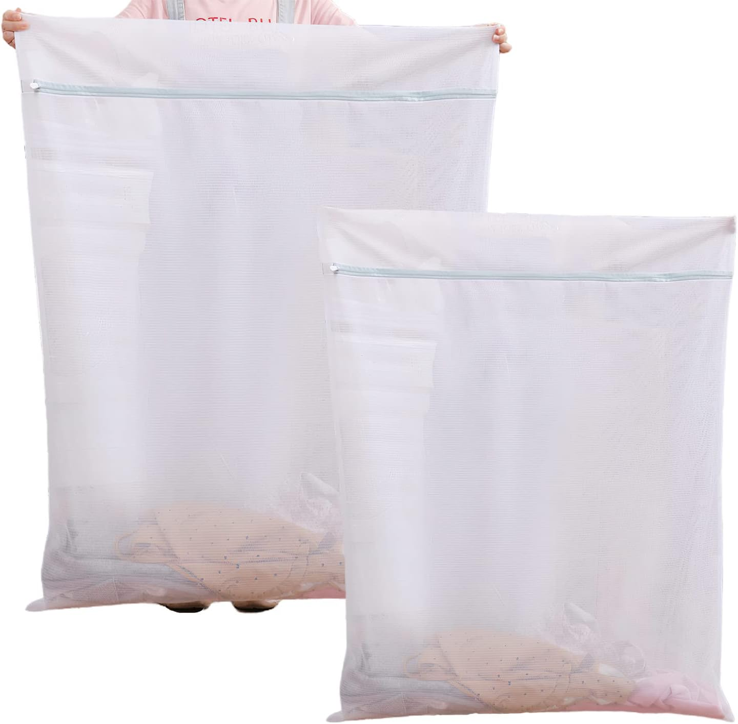 2 PCS Extra Large Laundry Bag, 43.3" X 35.4" Heavy Duty Durable and Reusable Net Washing Bags, Travel Organization Bag with Zipper for Delicate Clothing, Coat, Dress, Bedding, Curtain, Blanket (2PCS - White)