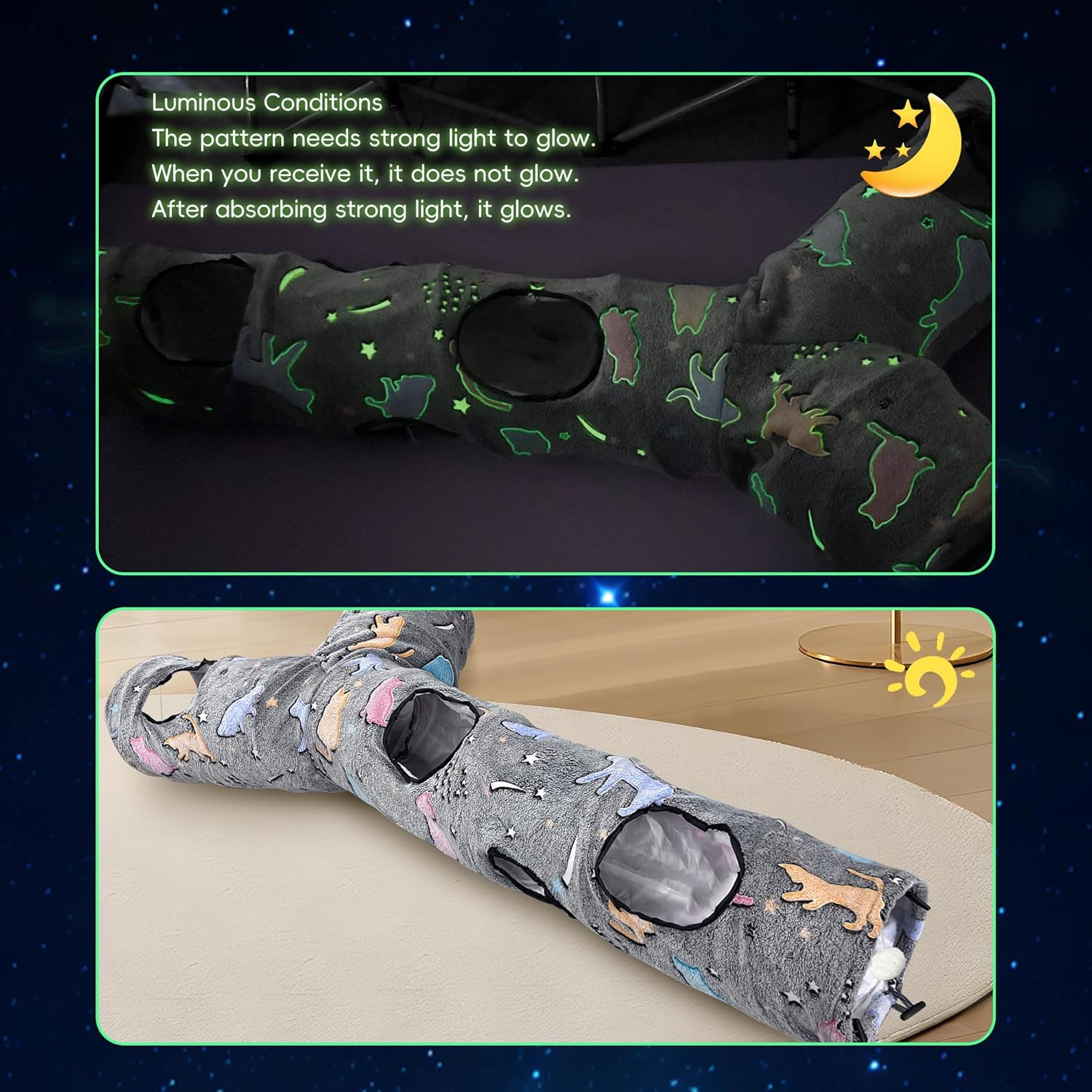 GRETMIX Cat Tunnels for Indoor Cats, Self-Luminous Cat Tunnel with Plush Ball, 3 Way Kitten Tunnel Collapsible, Cat Play Tunnel with Interactive Peephole for Large Cat, Puppy, Kitten image number 6