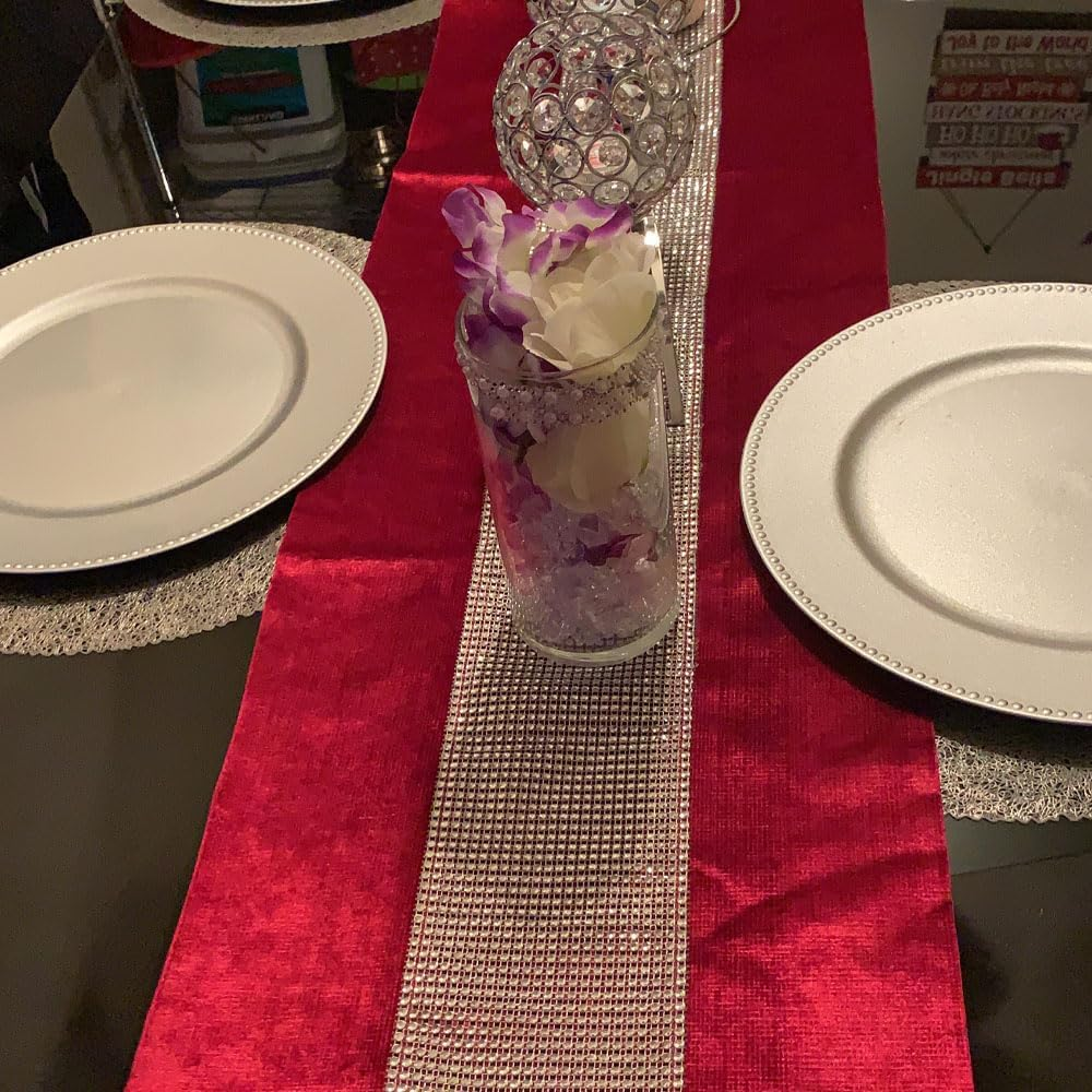 (Red) - (TM 33Cm X 180Cm Table Runner with Diamante Strip and Tassels (Red) - A-Grey image number 3