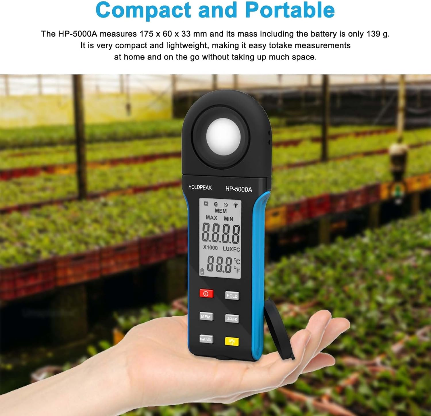 Digital Light Meter, 1-400000Lux Illuminance Meter with Large LCD Screen Handheld Ambient Temperature Measurer, Lumen Meter for Plants, Photography Lab, Classroom, Bedroom, 5000A, HOLDPEAK image number 3