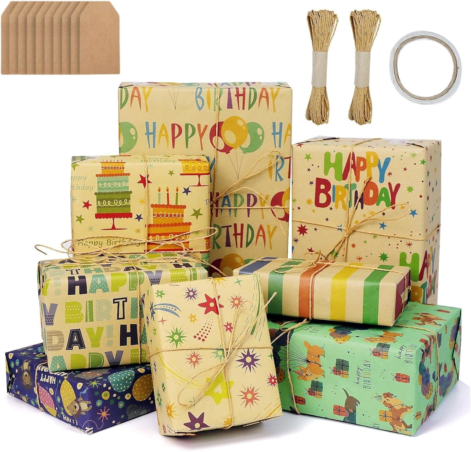 ZCOINS 8 Sheets Birthday Gift Wrapping Paper 70 X 50 CM with Hanging Tags Strings Tapes Recyclable DIY Present Wrapping Kraft Paper for Kids Women Men Birthday Baby Showers Kids Crafts Holidays
