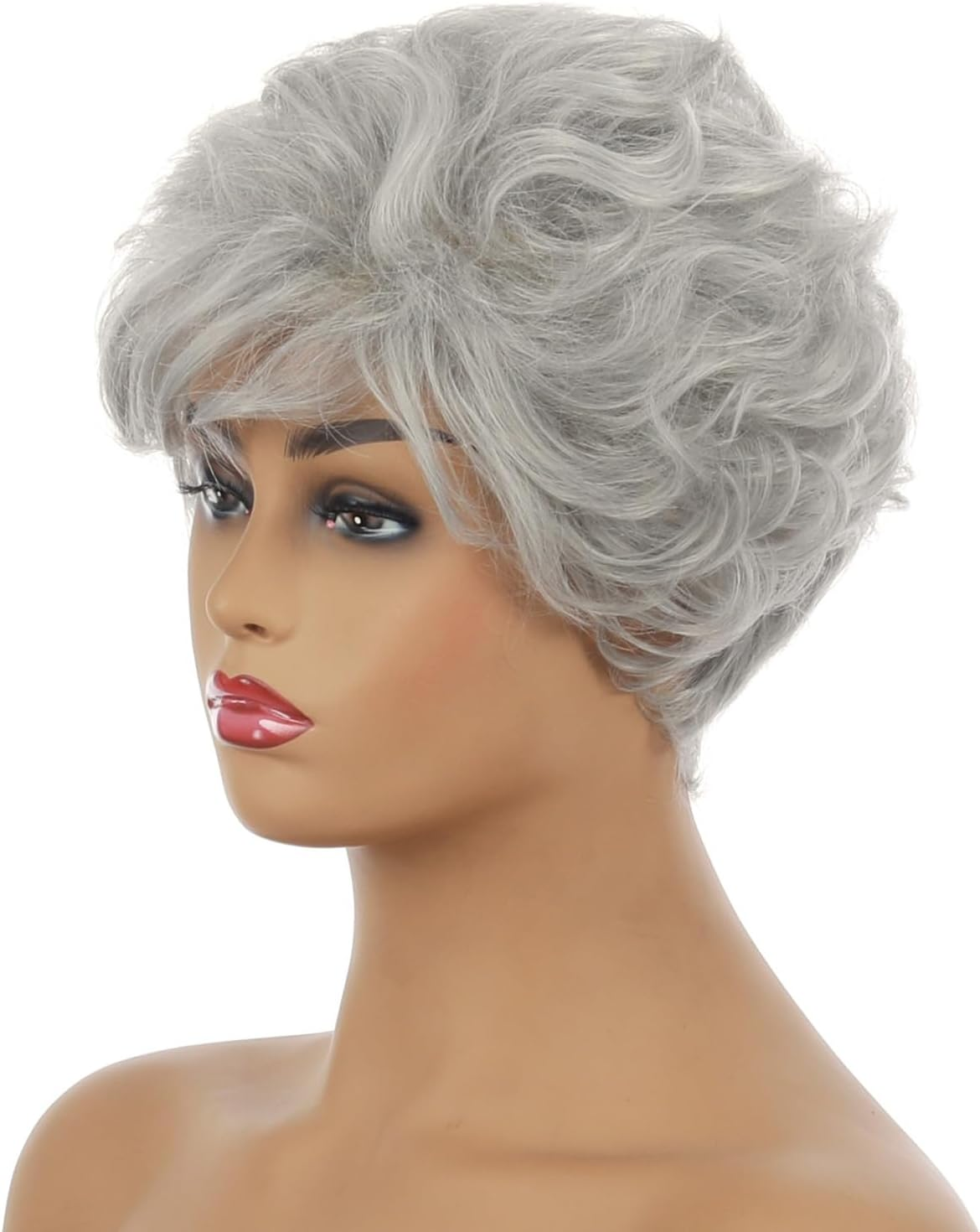 AUBWIG Mixed Silver Grey Short Wigs Natural Light Curly Hair Fluffy Pixie Cut Wigs with Fringe Synthetic Hair Wigs Layered Heat Resistant for Women (Grey) image number 2