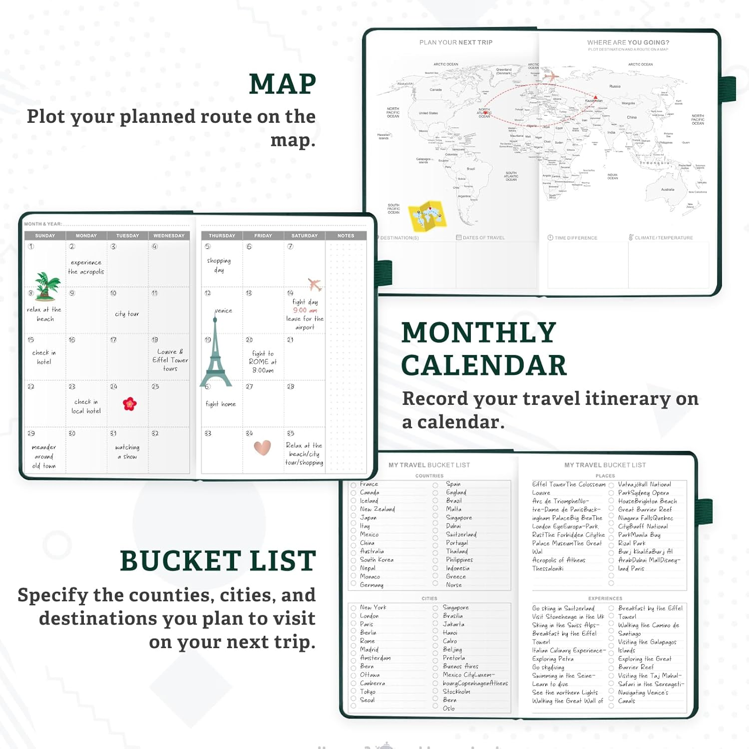 Travel Essentials: Journal for Women & Men - Vacation Budget Planner Notebook for 6 Trips Organizer- Travel Scrapbook to Record Memories and Adventures - Gifts for Travelers, Green - Pink image number 2
