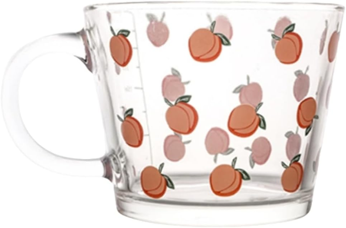 12 OZ Kawaii Mug Peach Glass Cup with Measurements,Glass Coffee Mug Cup with Handle for Coffee,Latte,Juice,Milk,Yogurt,Dessert,Tea,Breakfast Oatmeal Cup